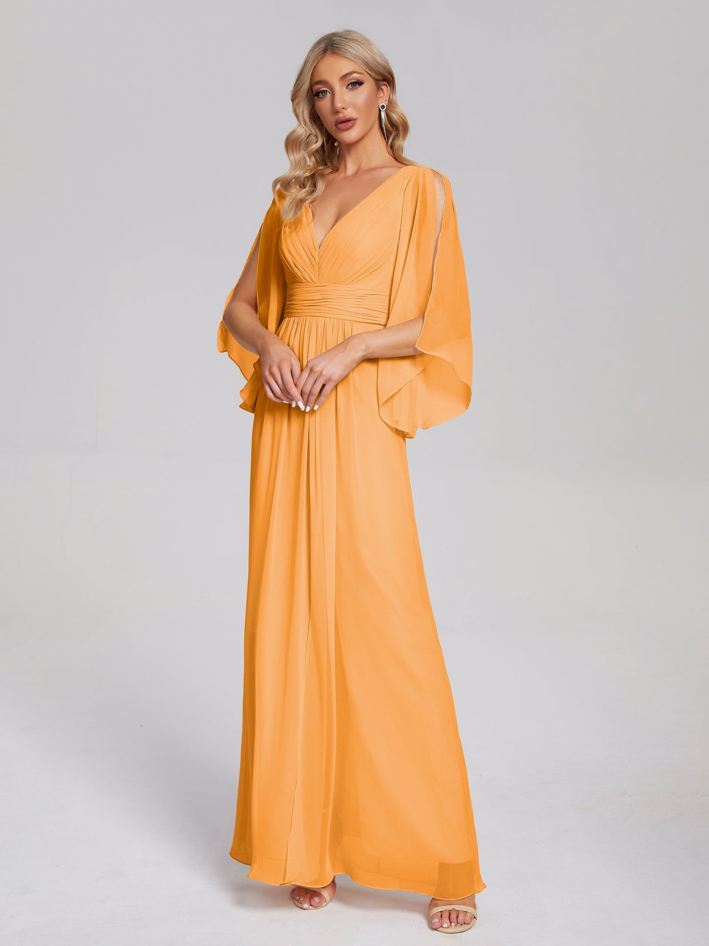 Fatima V-neck Ruffles Long Chiffon Bridesmaid Dress with Slit