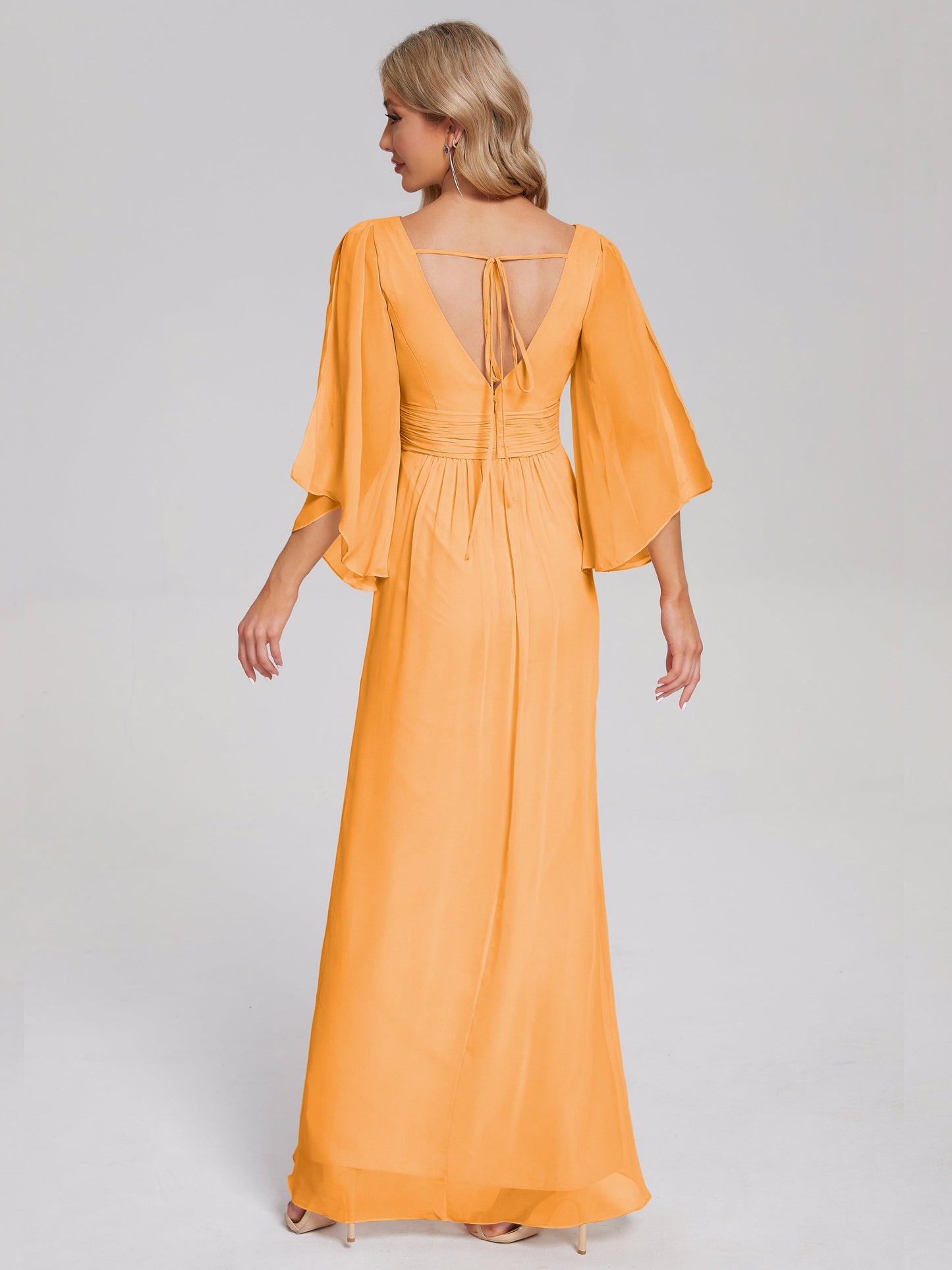 Fatima V-neck Ruffles Long Chiffon Bridesmaid Dress with Slit