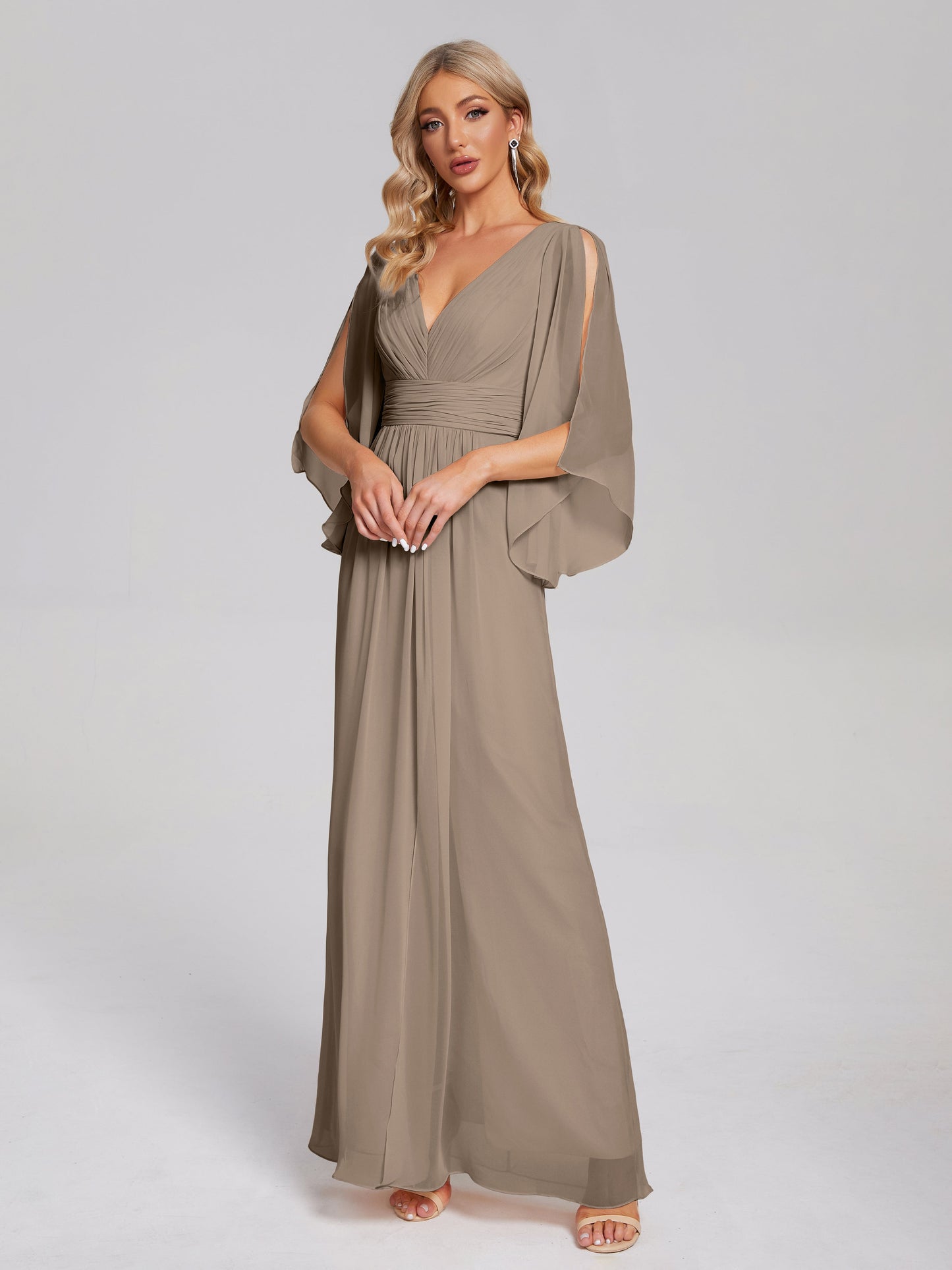 Fatima V-neck Ruffles Long Chiffon Bridesmaid Dress with Slit