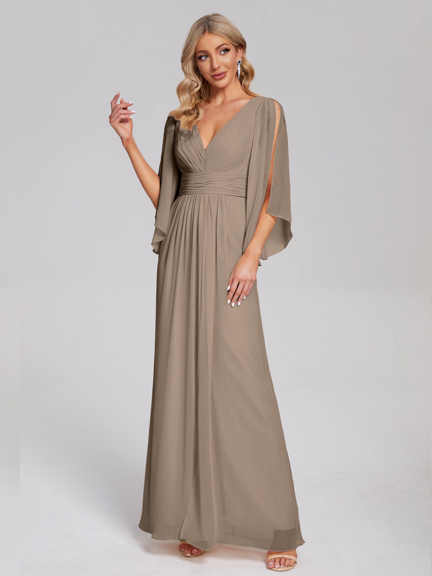Fatima V-neck Ruffles Long Chiffon Bridesmaid Dress with Slit