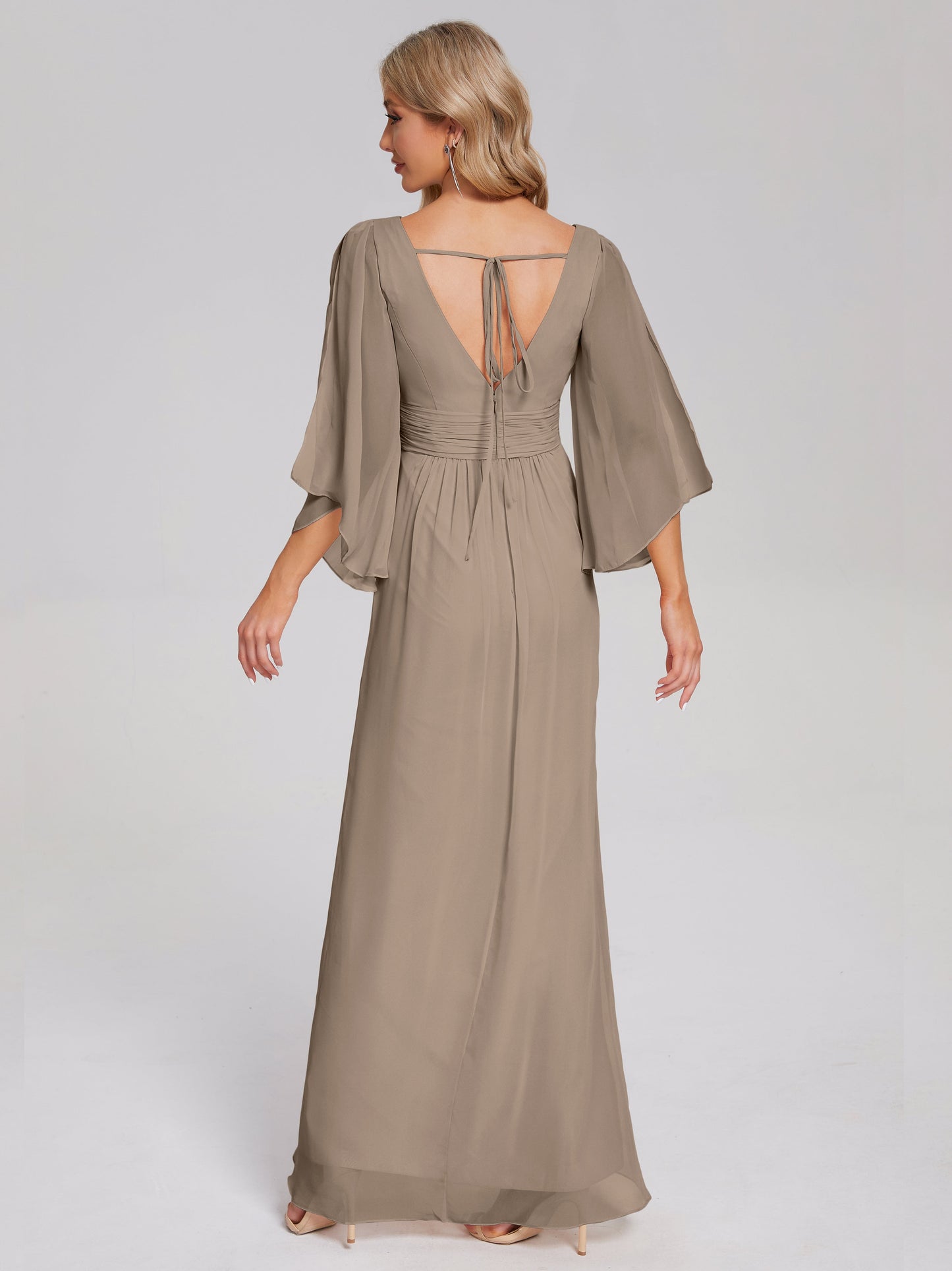 Fatima V-neck Ruffles Long Chiffon Bridesmaid Dress with Slit