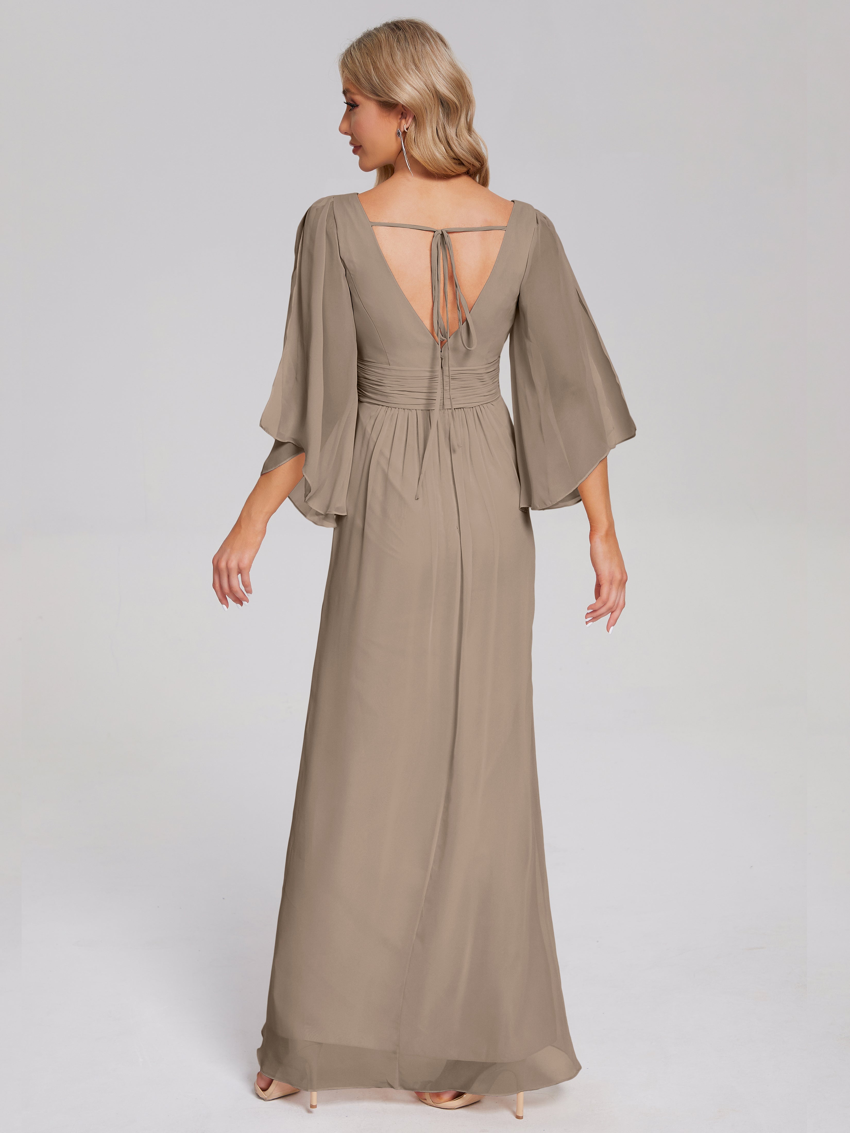 Fatima V-neck Ruffles Long Chiffon Bridesmaid Dress with Slit