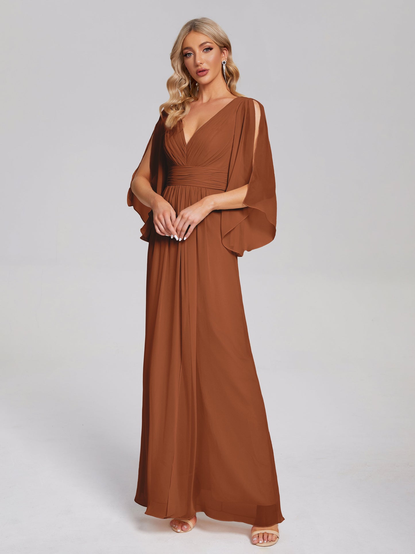 Fatima V-neck Ruffles Long Chiffon Bridesmaid Dress with Slit