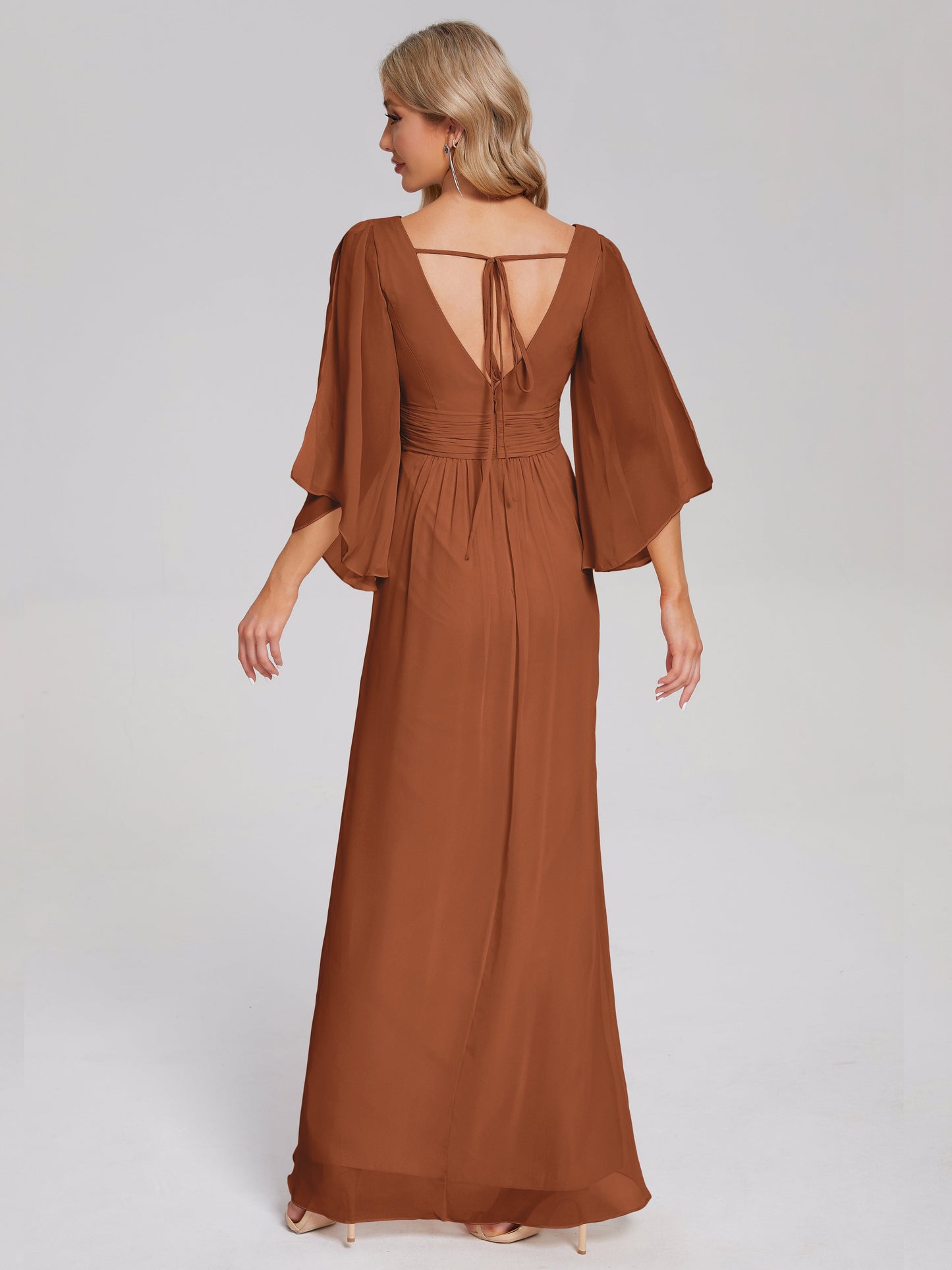 Fatima V-neck Ruffles Long Chiffon Bridesmaid Dress with Slit