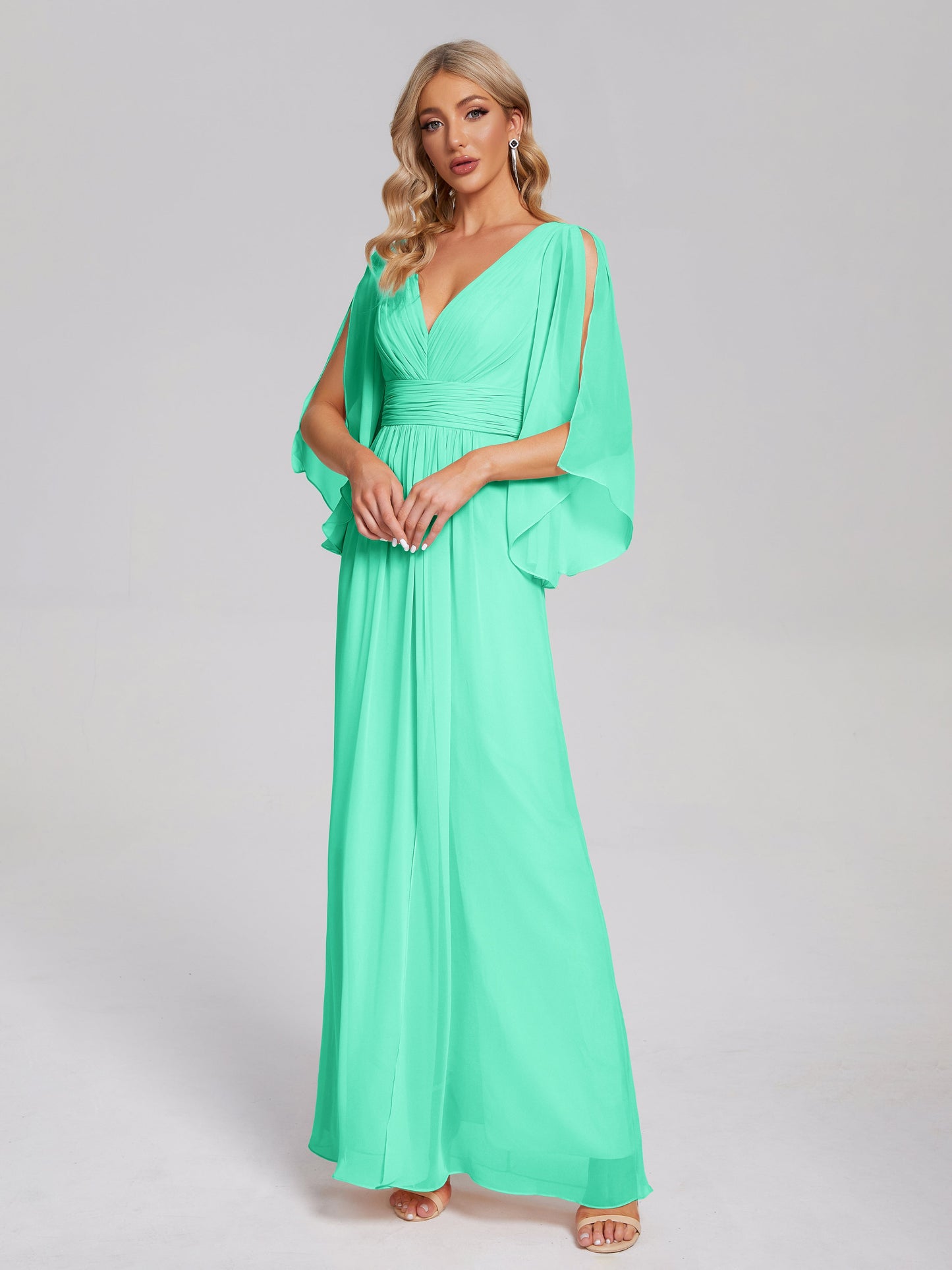 Fatima V-neck Ruffles Long Chiffon Bridesmaid Dress with Slit