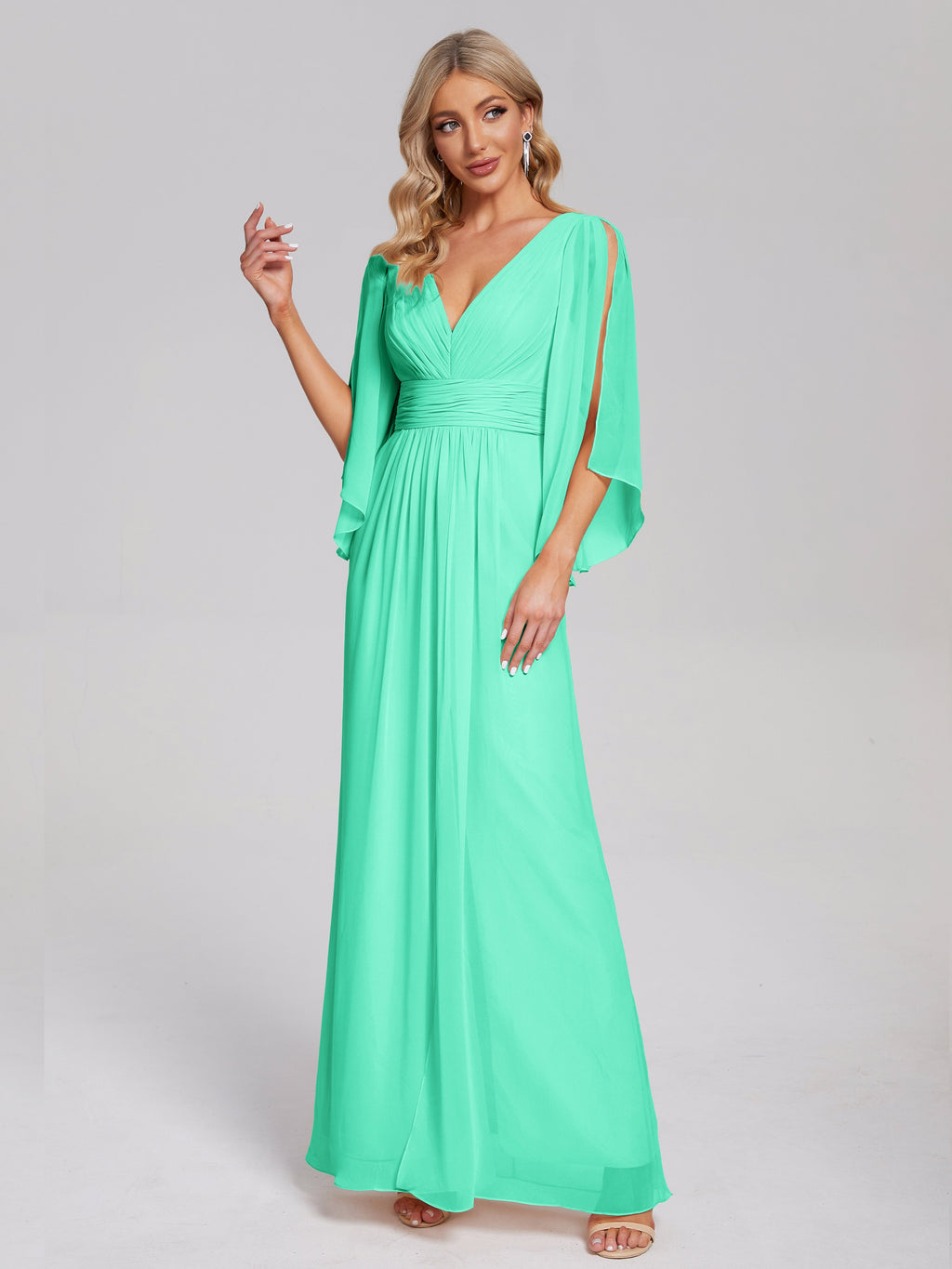 Fatima V-neck Ruffles Long Chiffon Bridesmaid Dress with Slit