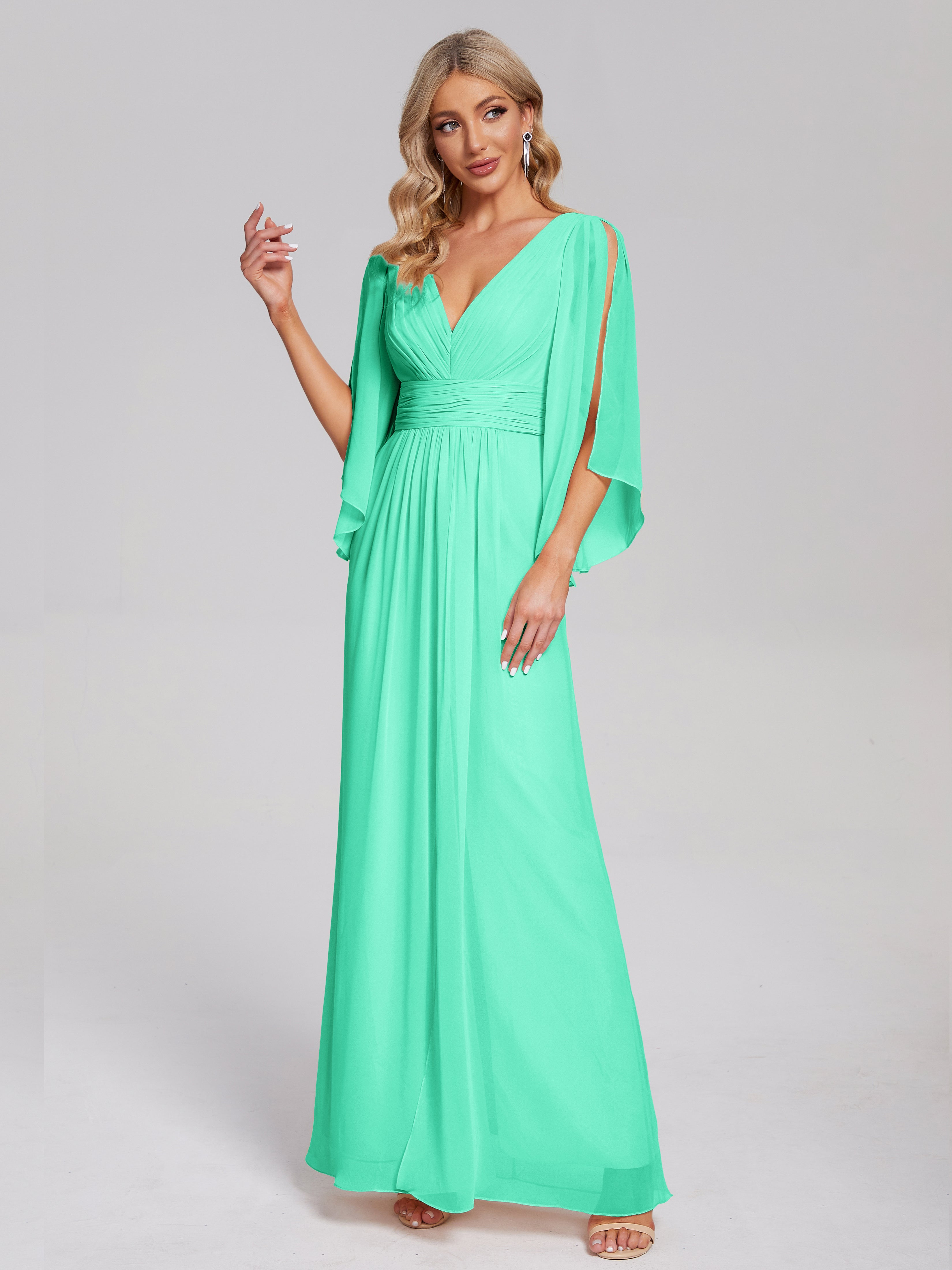 Fatima V-neck Ruffles Long Chiffon Bridesmaid Dress with Slit
