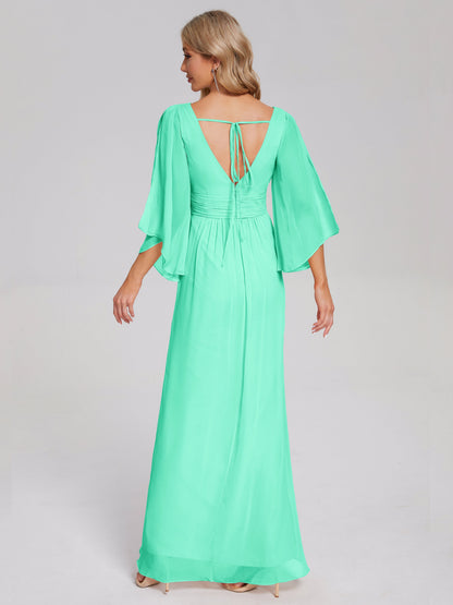 Fatima V-neck Ruffles Long Chiffon Bridesmaid Dress with Slit