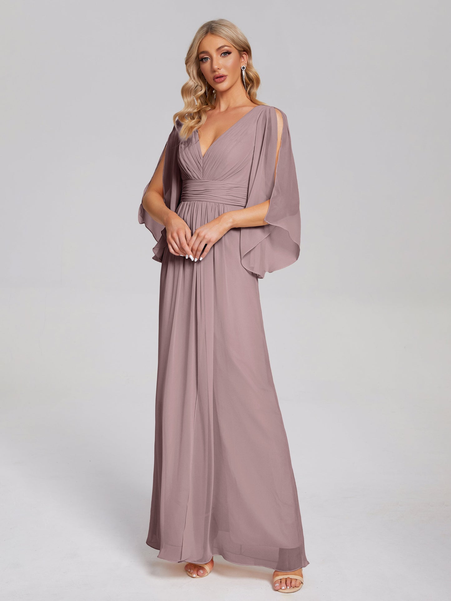 Fatima V-neck Ruffles Long Chiffon Bridesmaid Dress with Slit