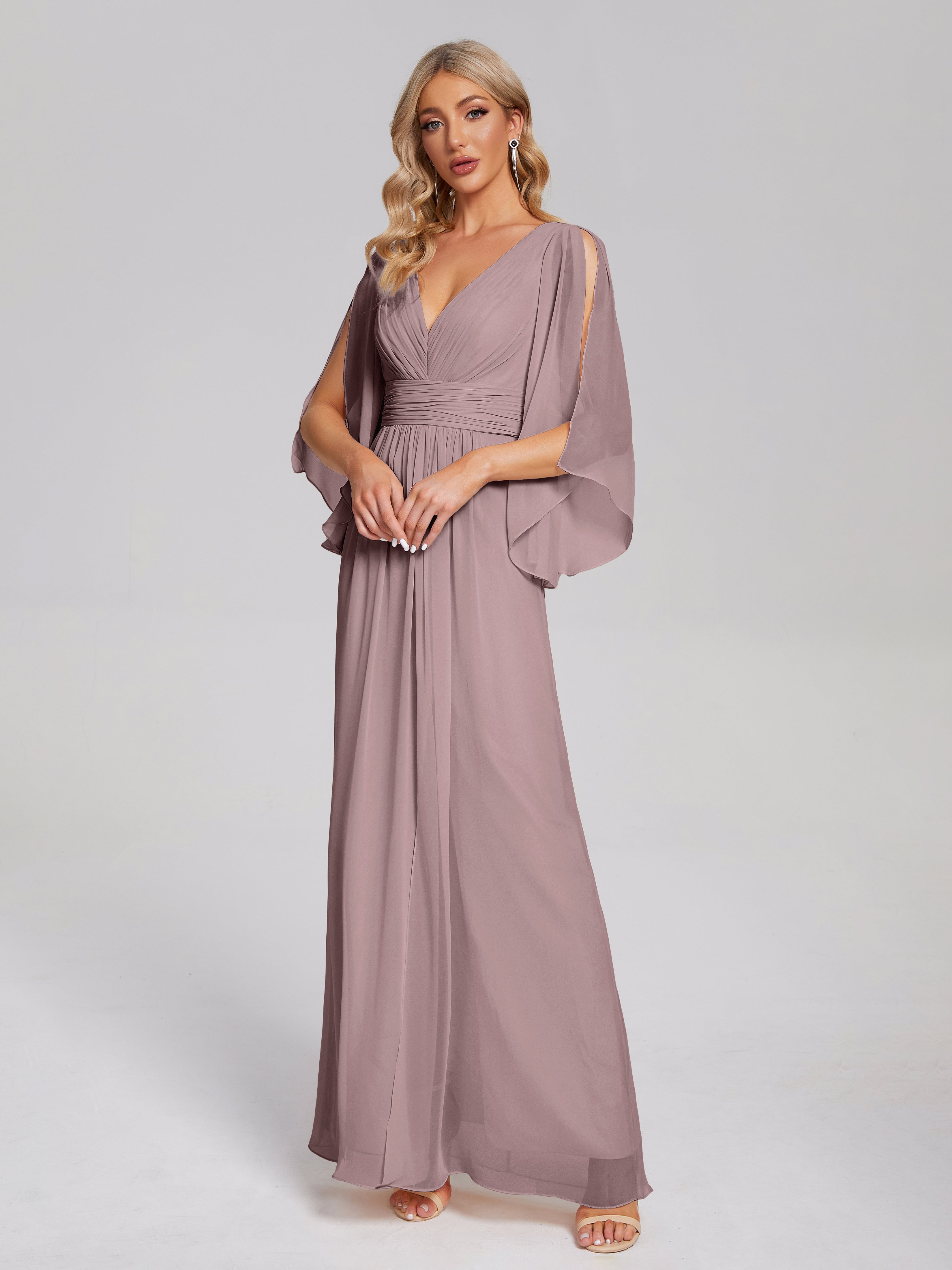 Fatima V-neck Ruffles Long Chiffon Bridesmaid Dress with Slit