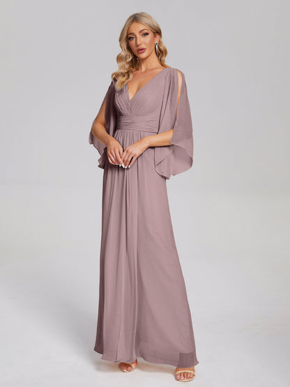 Fatima V-neck Ruffles Long Chiffon Bridesmaid Dress with Slit
