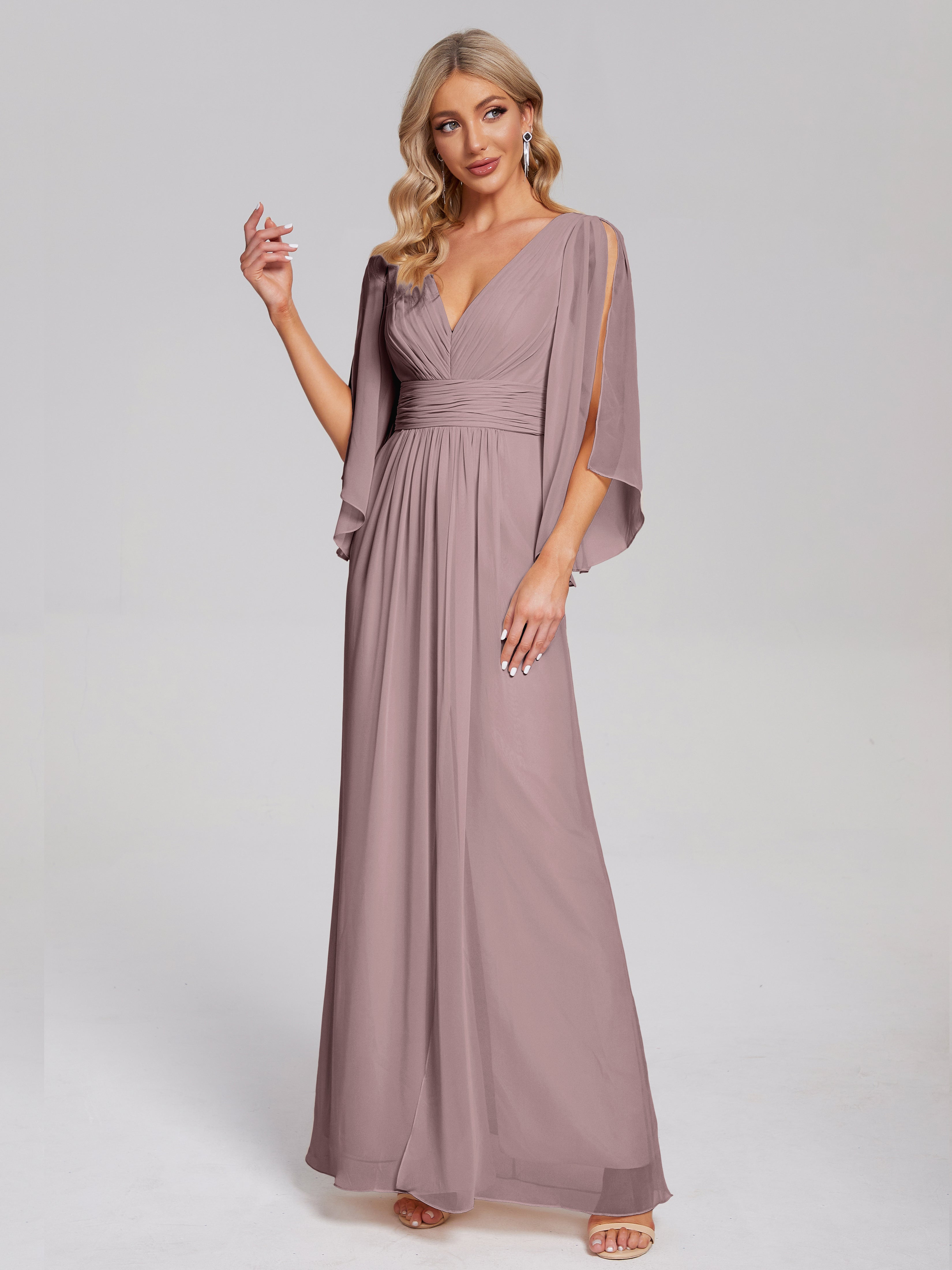 Fatima V-neck Ruffles Long Chiffon Bridesmaid Dress with Slit
