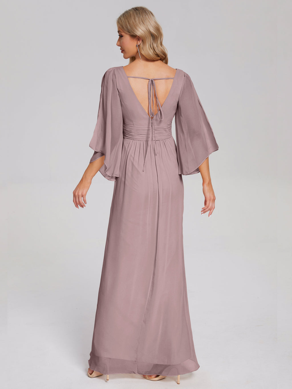 Fatima V-neck Ruffles Long Chiffon Bridesmaid Dress with Slit
