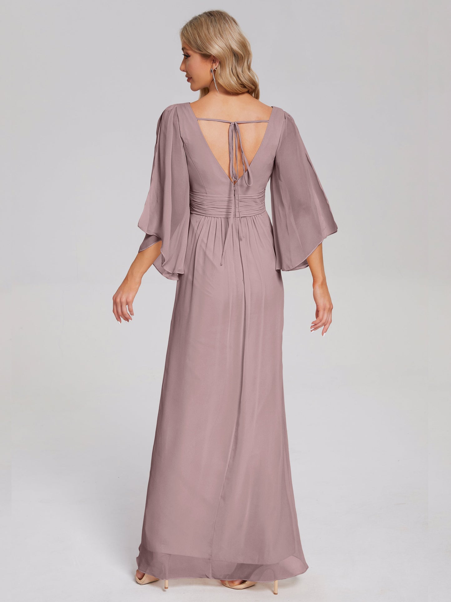 Fatima V-neck Ruffles Long Chiffon Bridesmaid Dress with Slit
