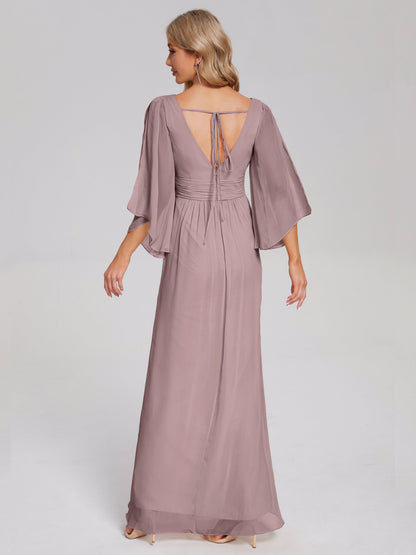 Fatima V-neck Ruffles Long Chiffon Bridesmaid Dress with Slit