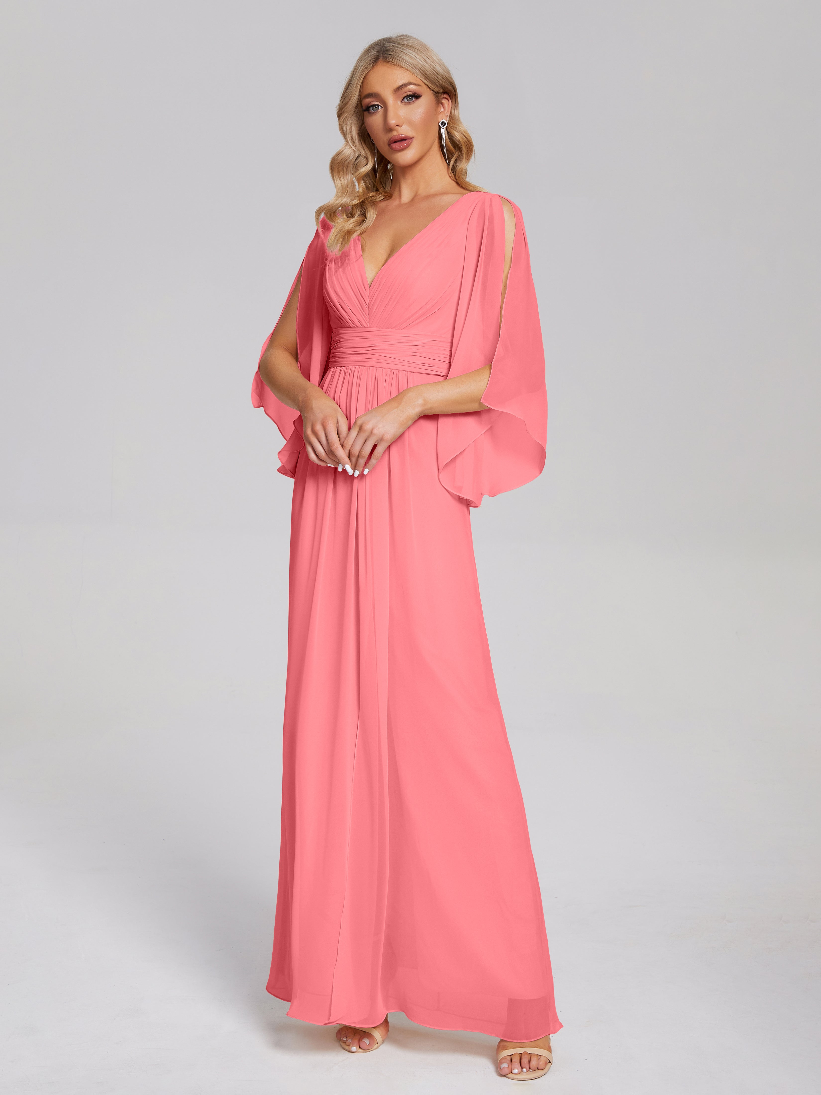 Fatima V-neck Ruffles Long Chiffon Bridesmaid Dress with Slit