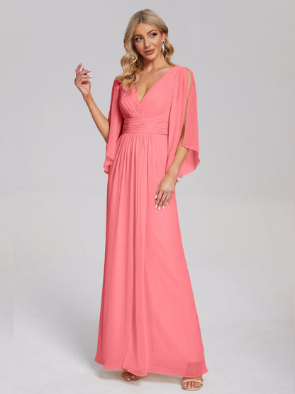 Fatima V-neck Ruffles Long Chiffon Bridesmaid Dress with Slit
