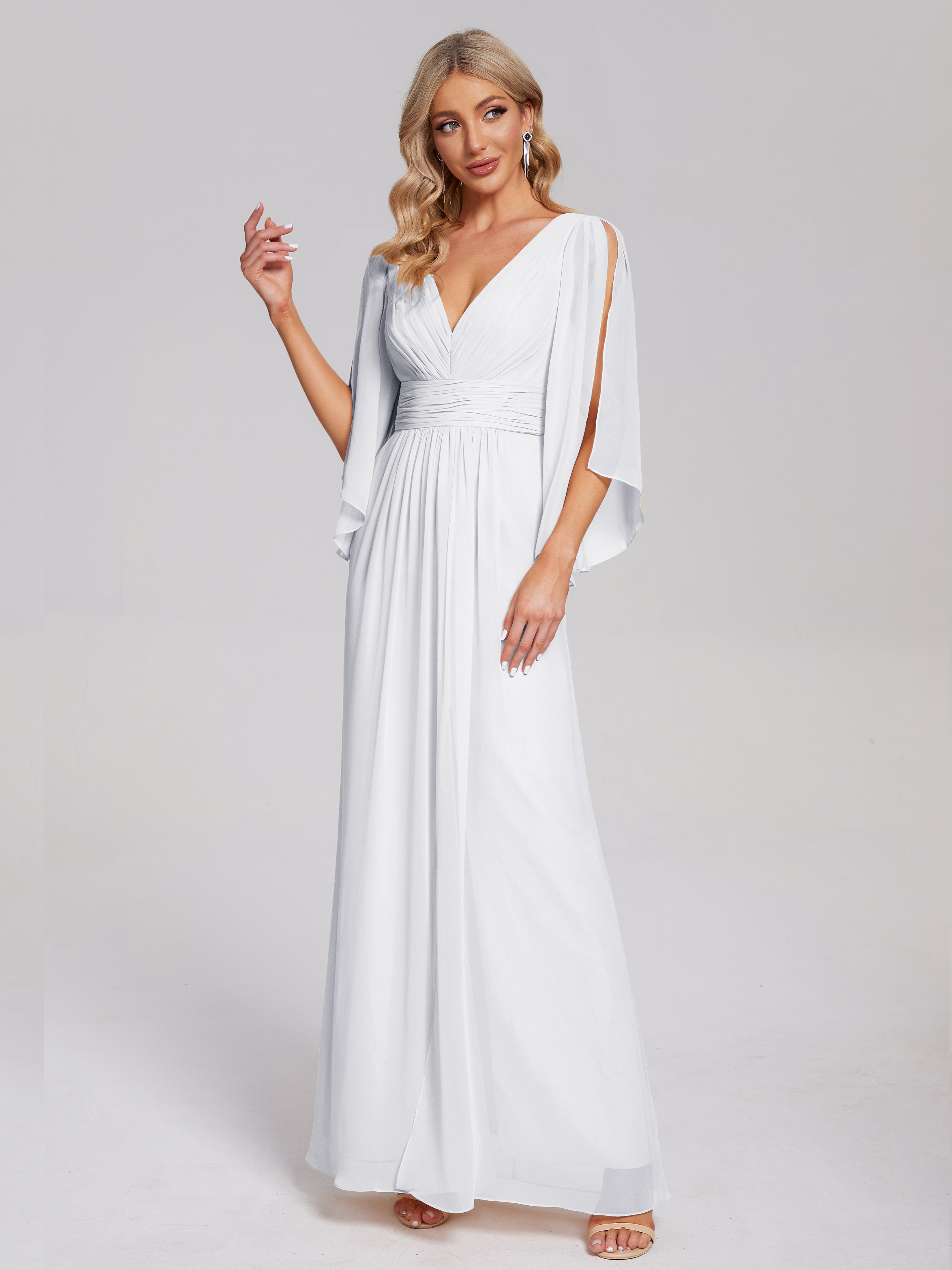 Fatima V-neck Ruffles Long Chiffon Bridesmaid Dress with Slit