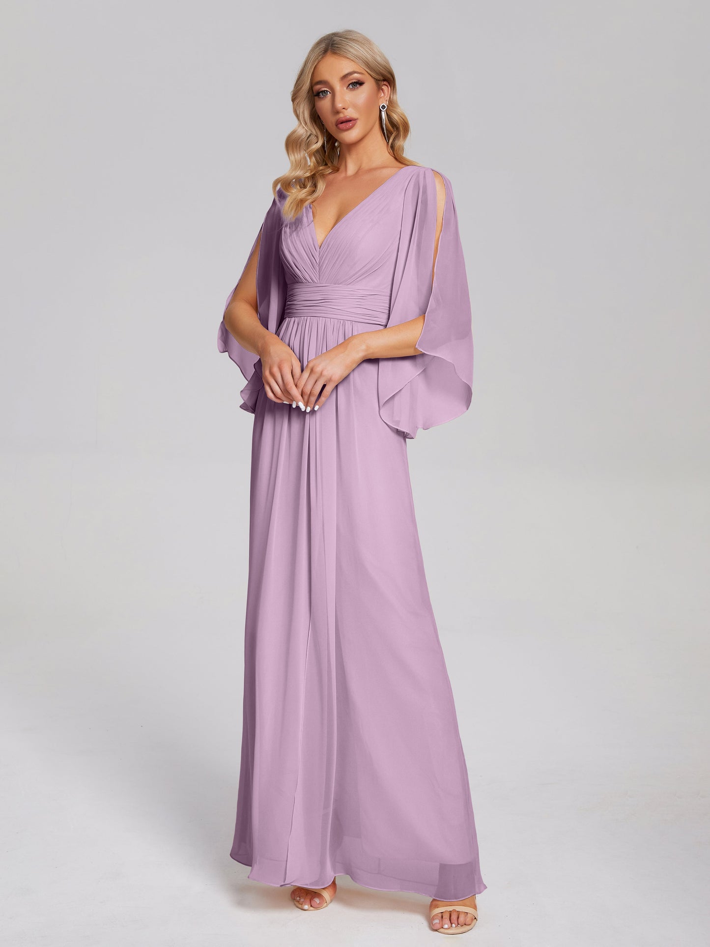 Fatima V-neck Ruffles Long Chiffon Bridesmaid Dress with Slit