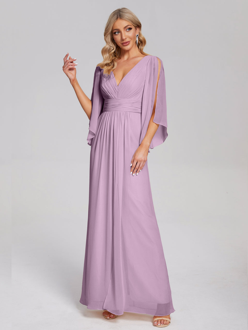 Fatima V-neck Ruffles Long Chiffon Bridesmaid Dress with Slit