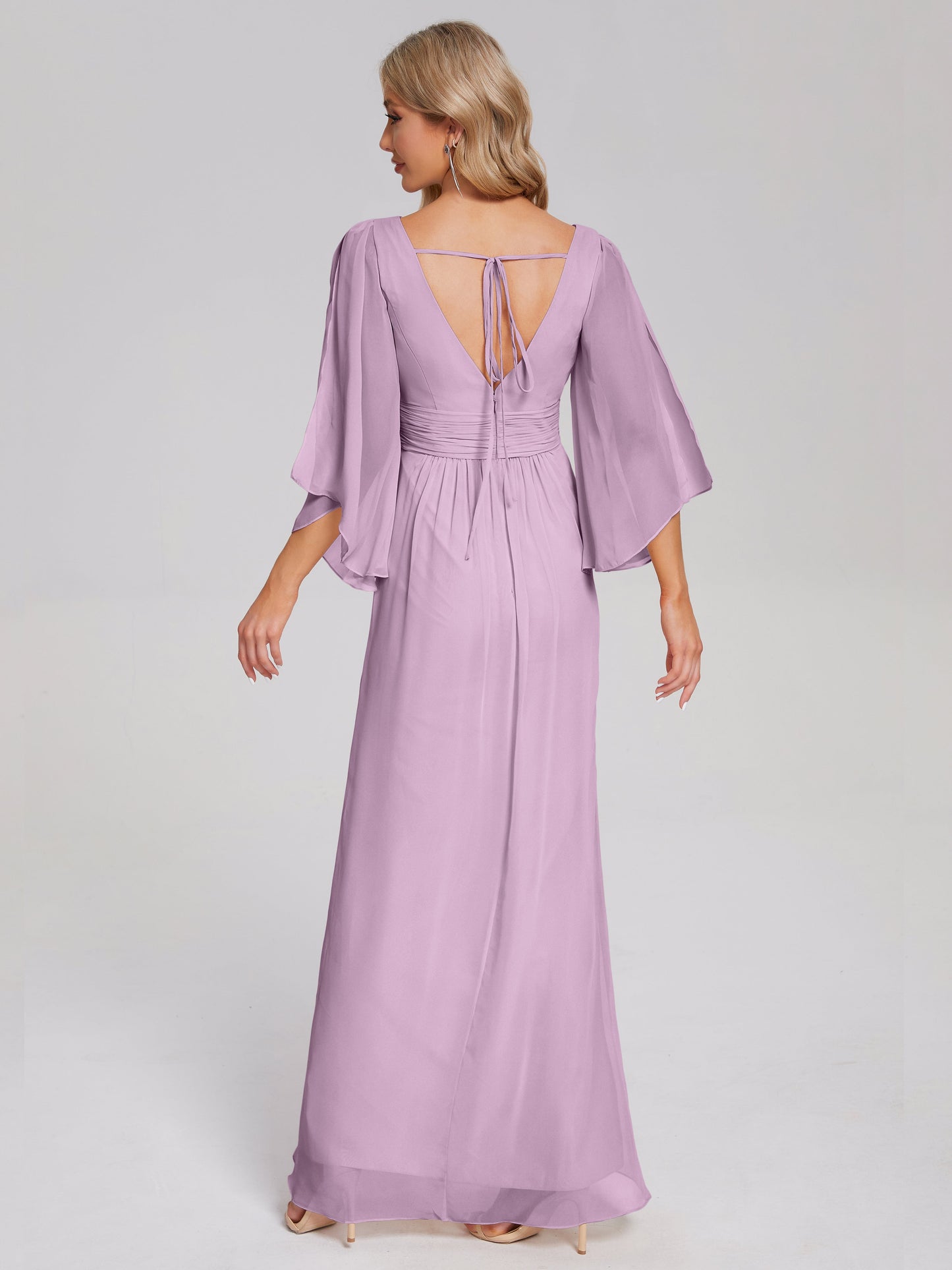 Fatima V-neck Ruffles Long Chiffon Bridesmaid Dress with Slit