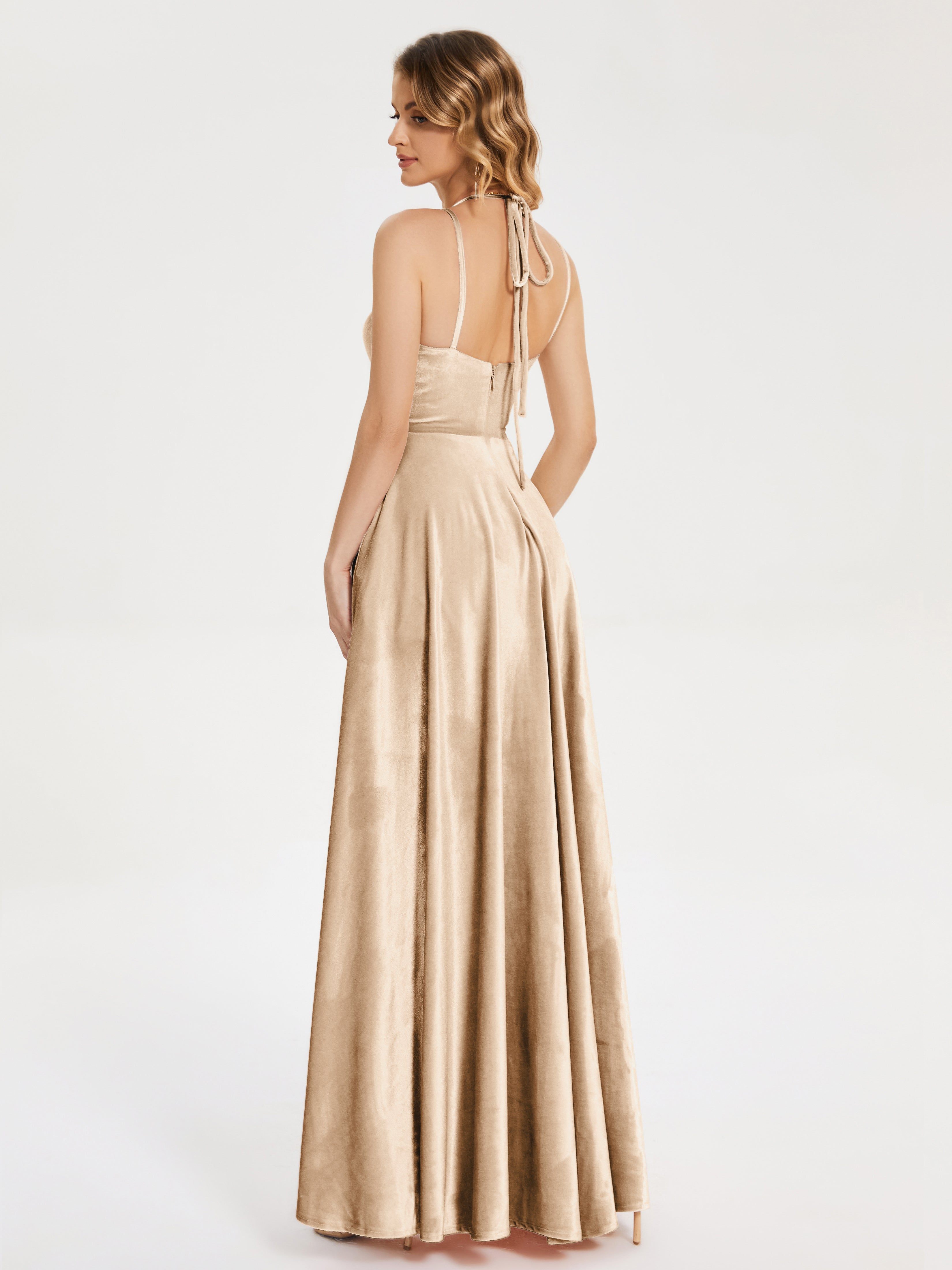 Elsie V-neck Straps Velvet Bridesmaid Dress with Slit