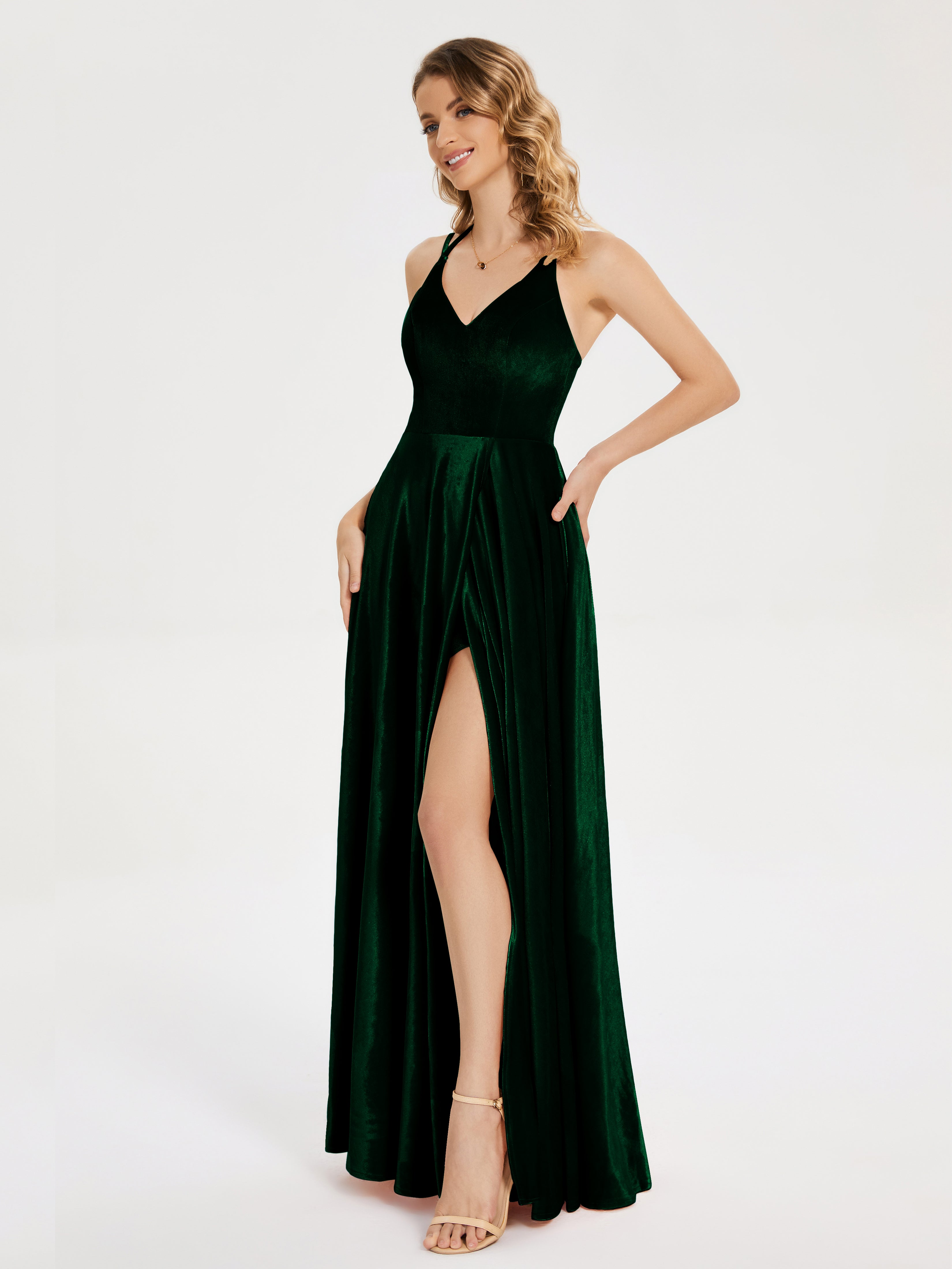 Elsie V-neck Straps Velvet Bridesmaid Dress with Slit