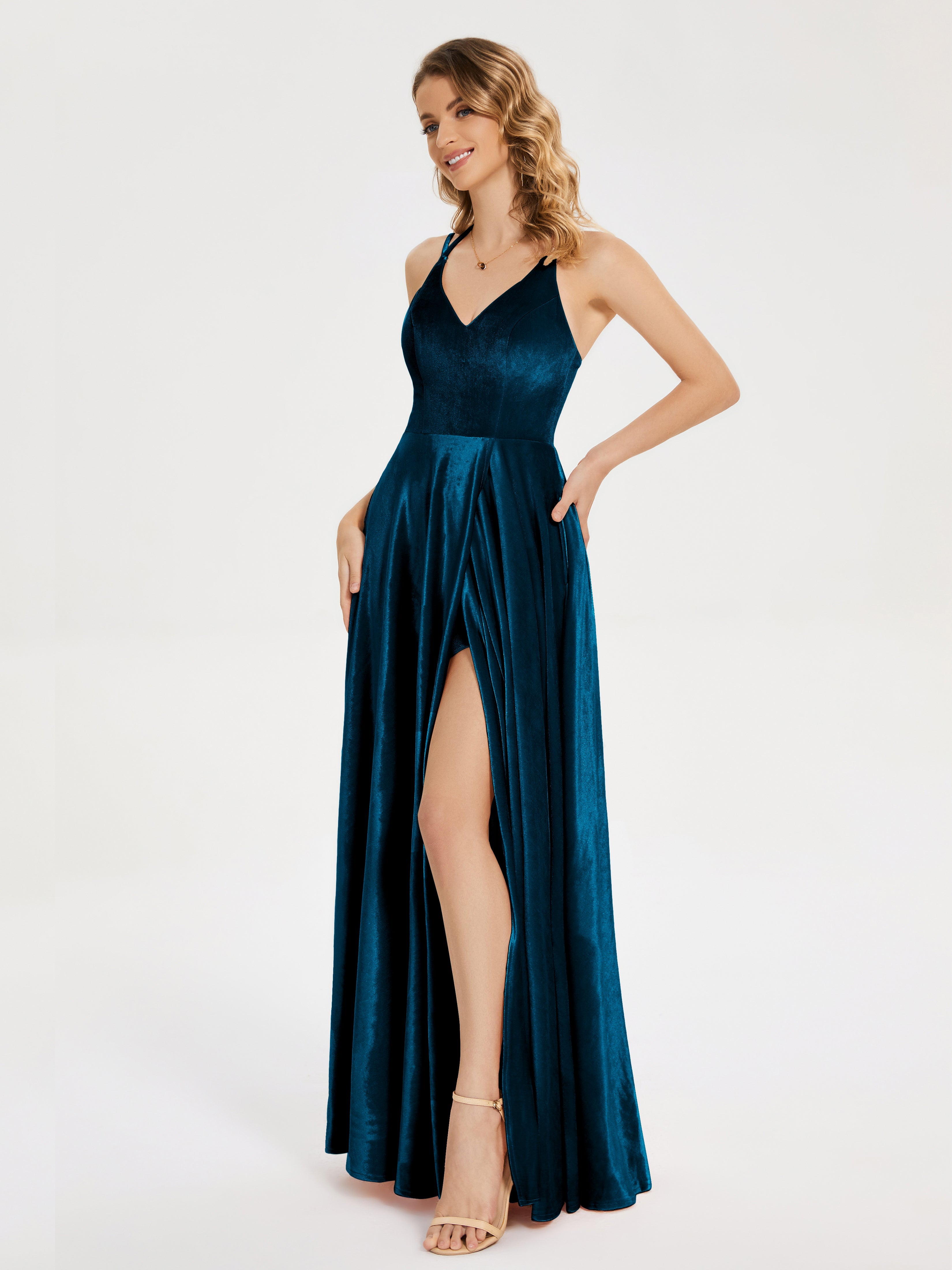 Elsie V-neck Straps Velvet Bridesmaid Dress with Slit