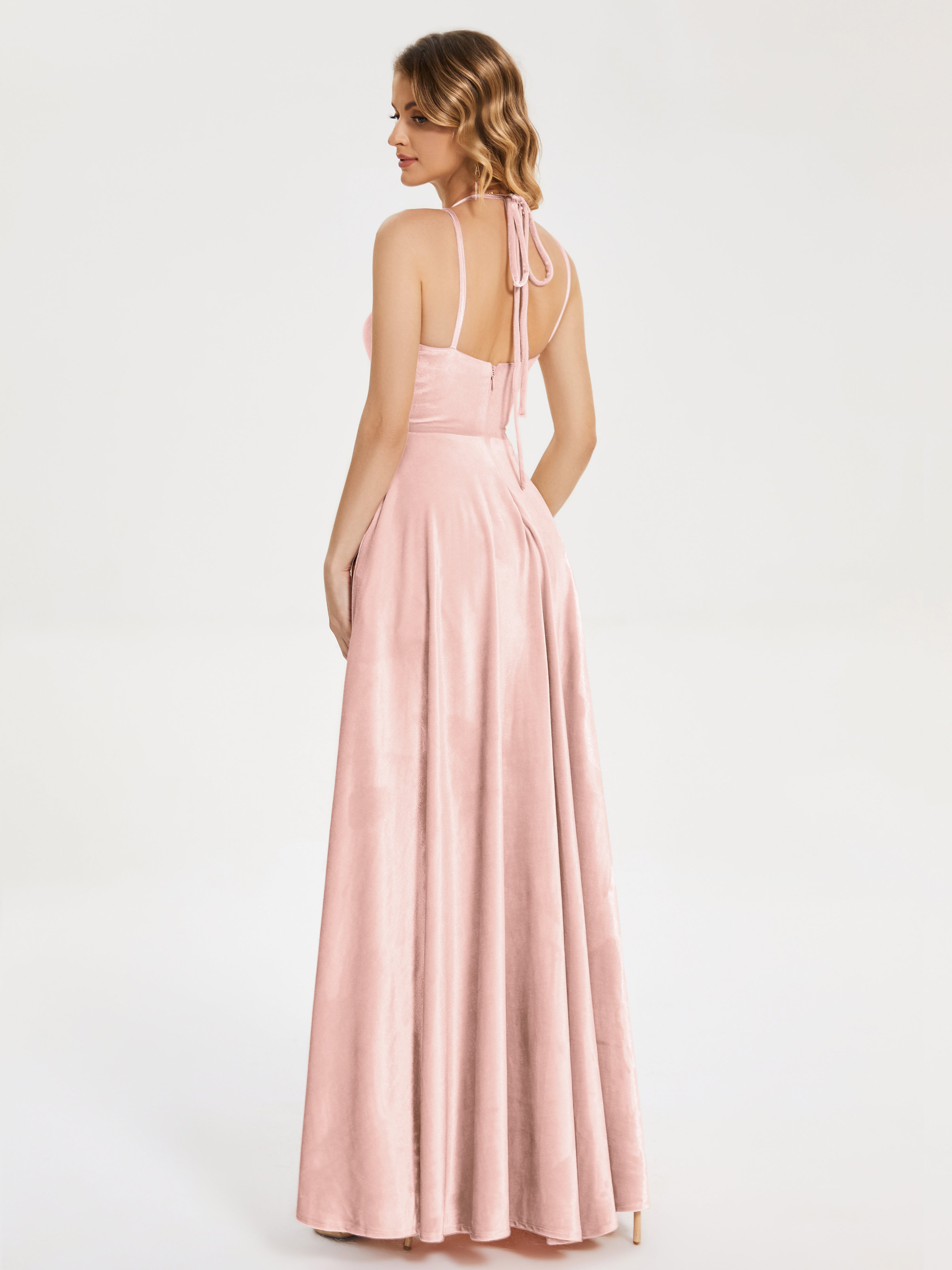 Elsie V-neck Straps Velvet Bridesmaid Dress with Slit