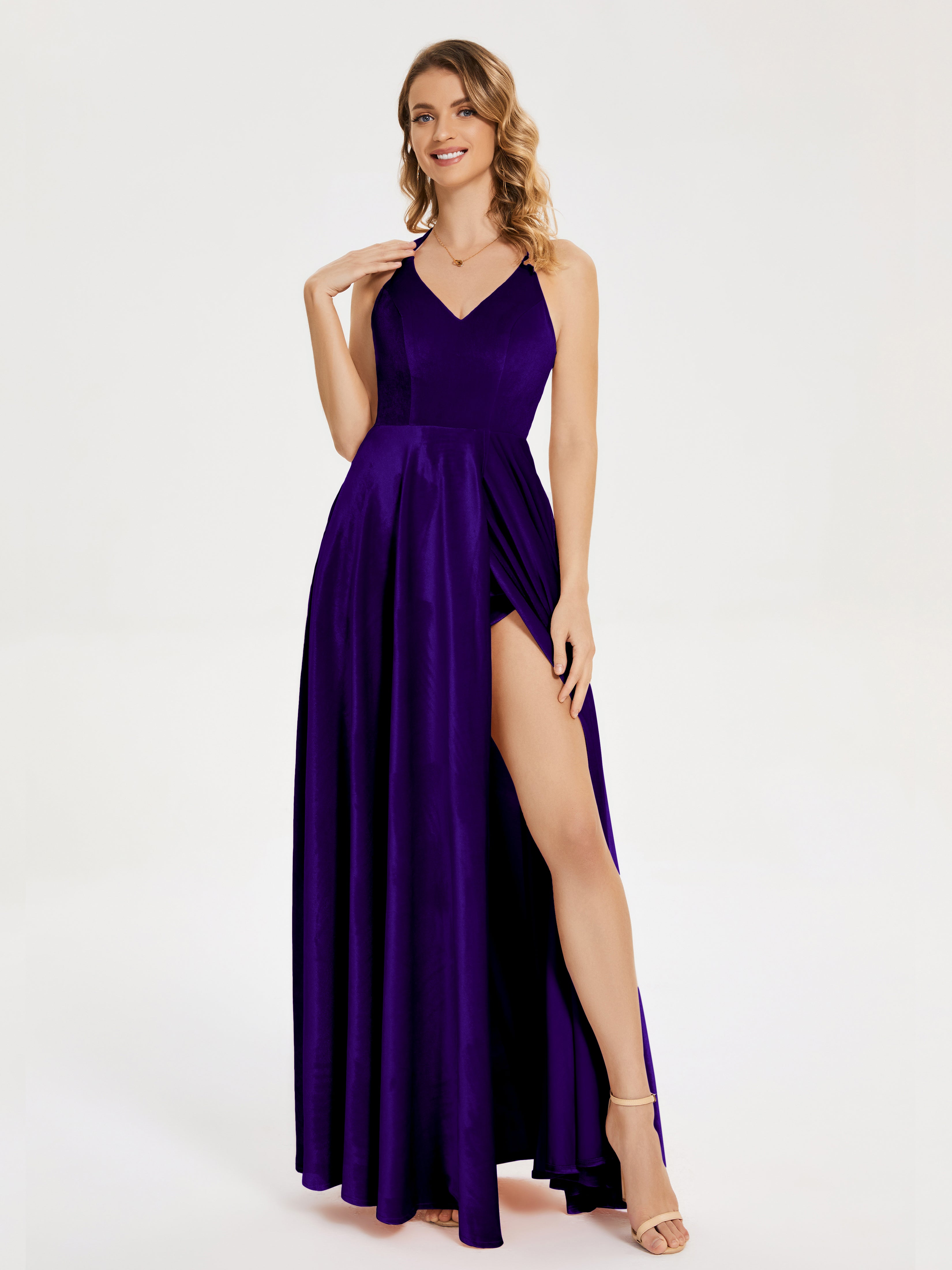 Elsie V-neck Straps Velvet Bridesmaid Dress with Slit