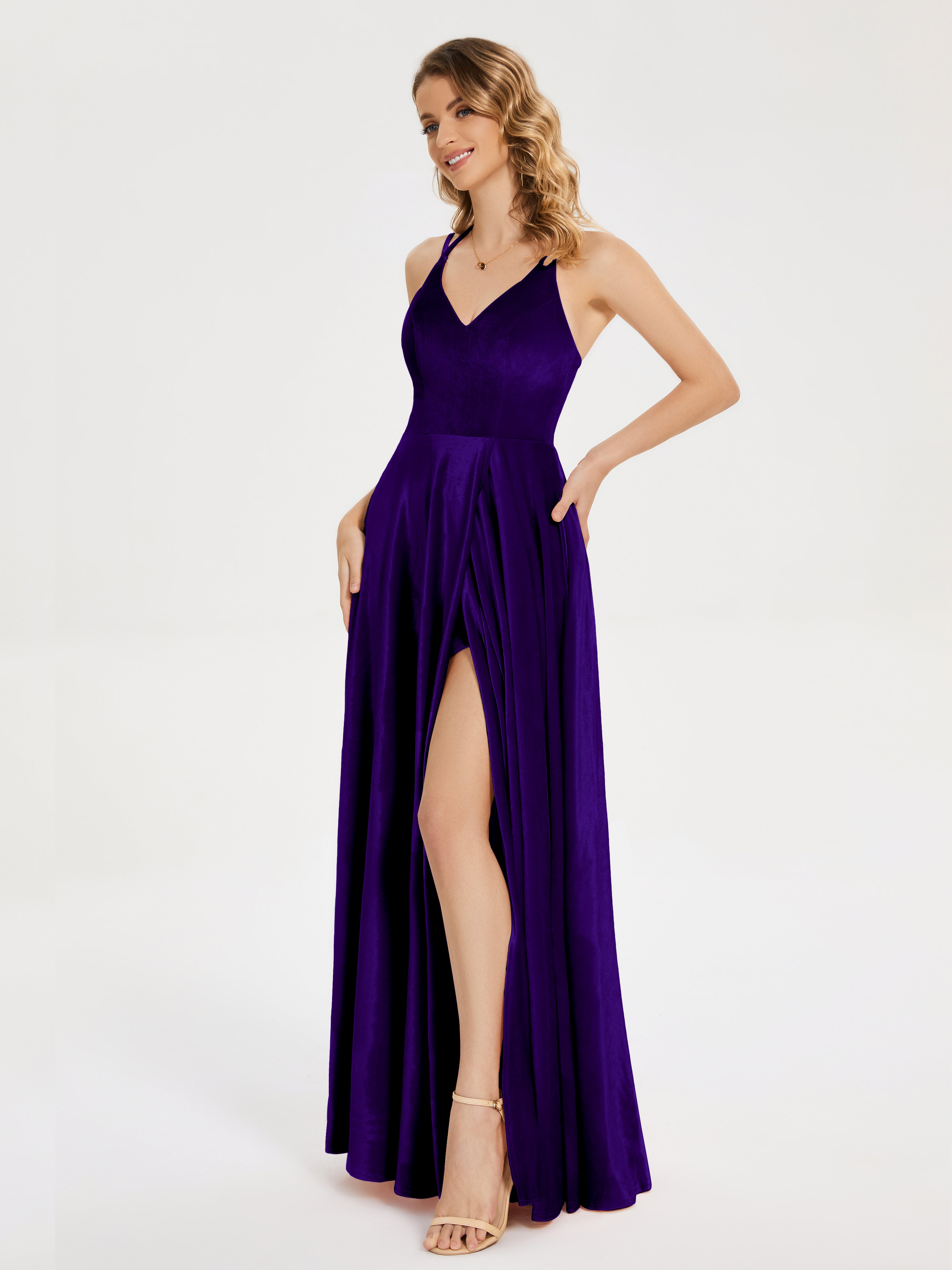 Elsie V-neck Straps Velvet Bridesmaid Dress with Slit