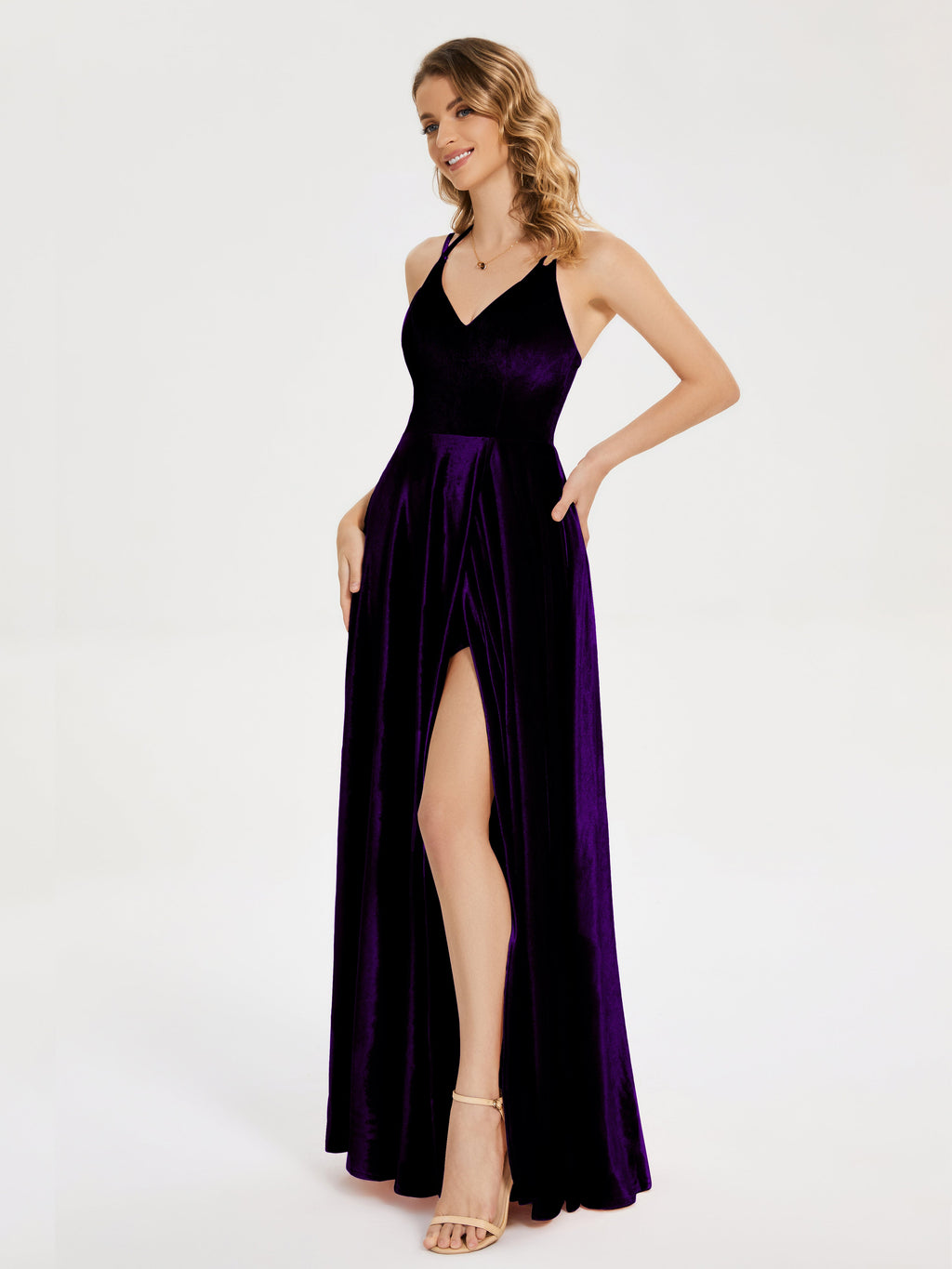 Elsie V-neck Straps Velvet Bridesmaid Dress with Slit
