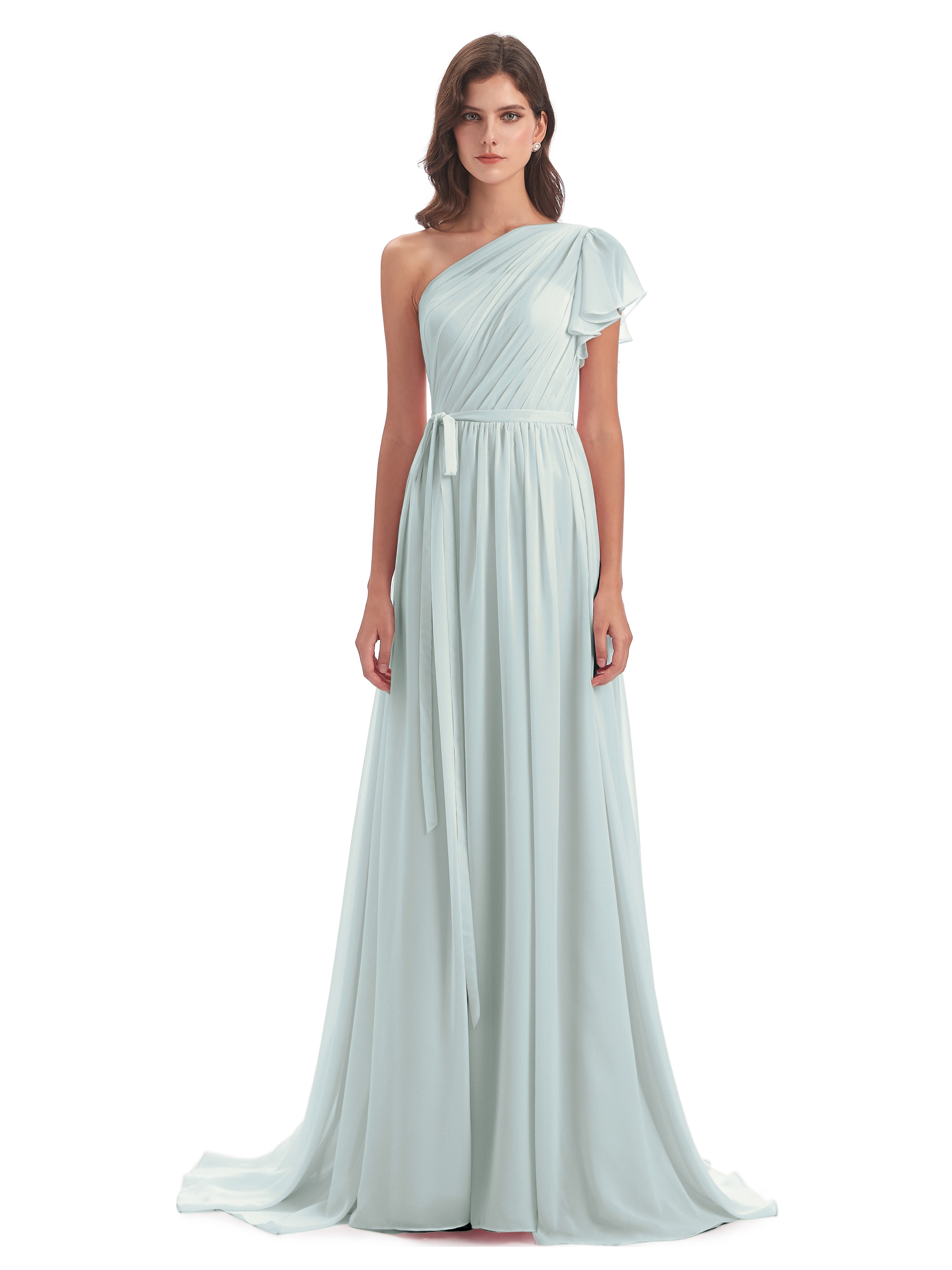 A-line Sweep-Brush Train One Shoulder Chiffon Long Bridesmaid Dresses
