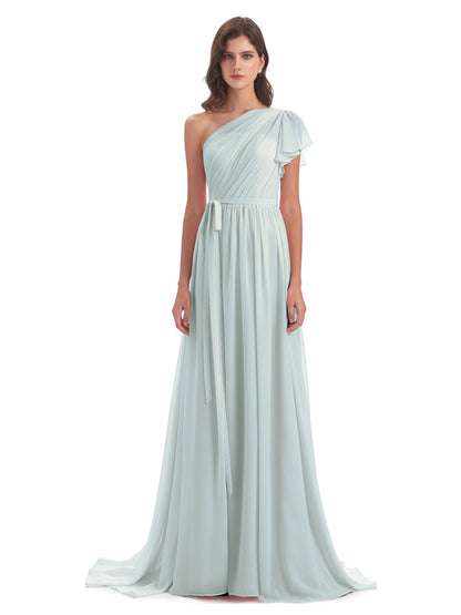 A-line Sweep-Brush Train One Shoulder Chiffon Long Bridesmaid Dresses