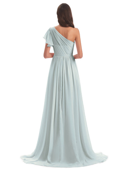 A-line Sweep-Brush Train One Shoulder Chiffon Long Bridesmaid Dresses
