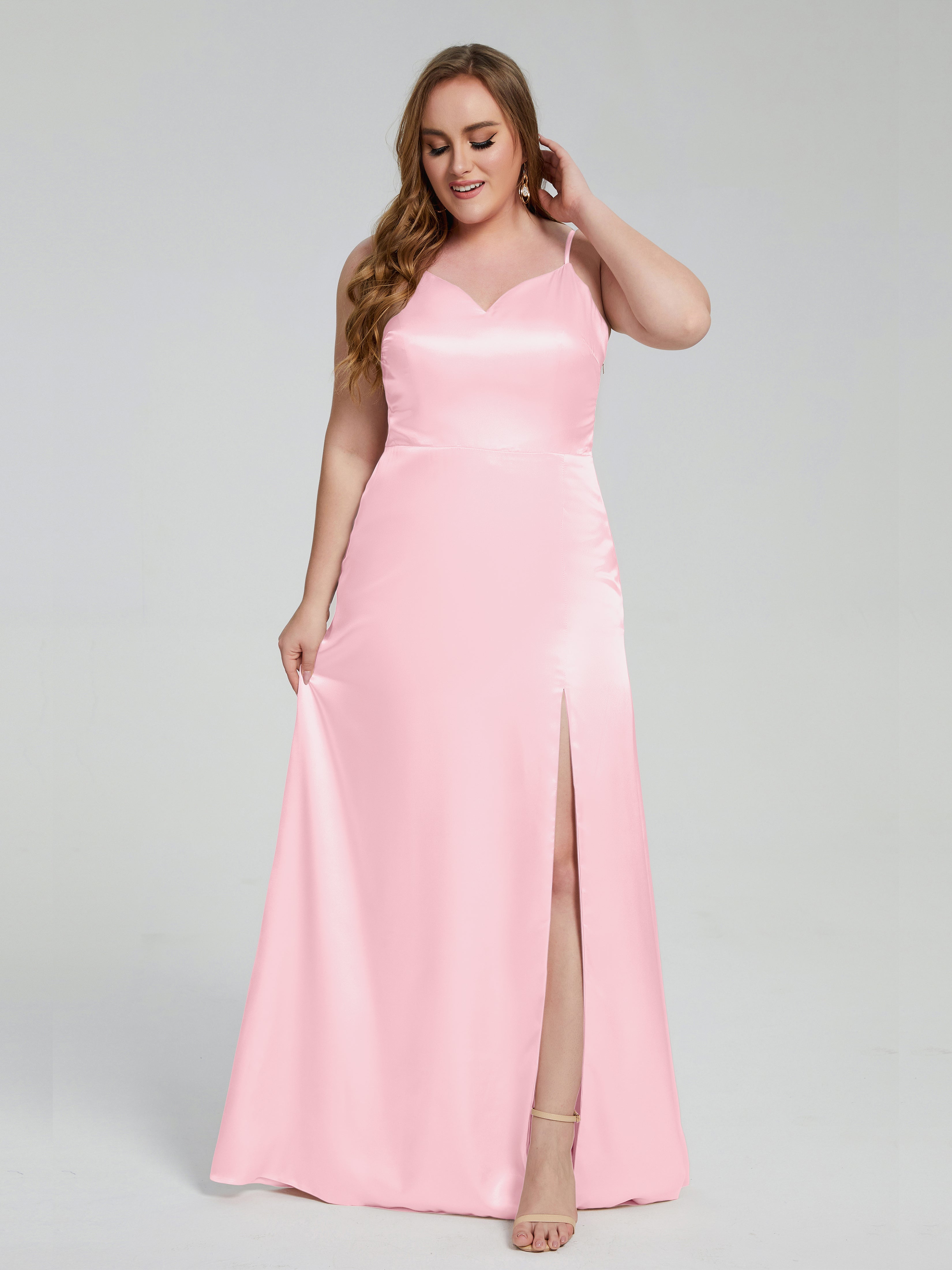 Adelyn Split Plus Size Soft Satin Long Bridesmaid Dresses