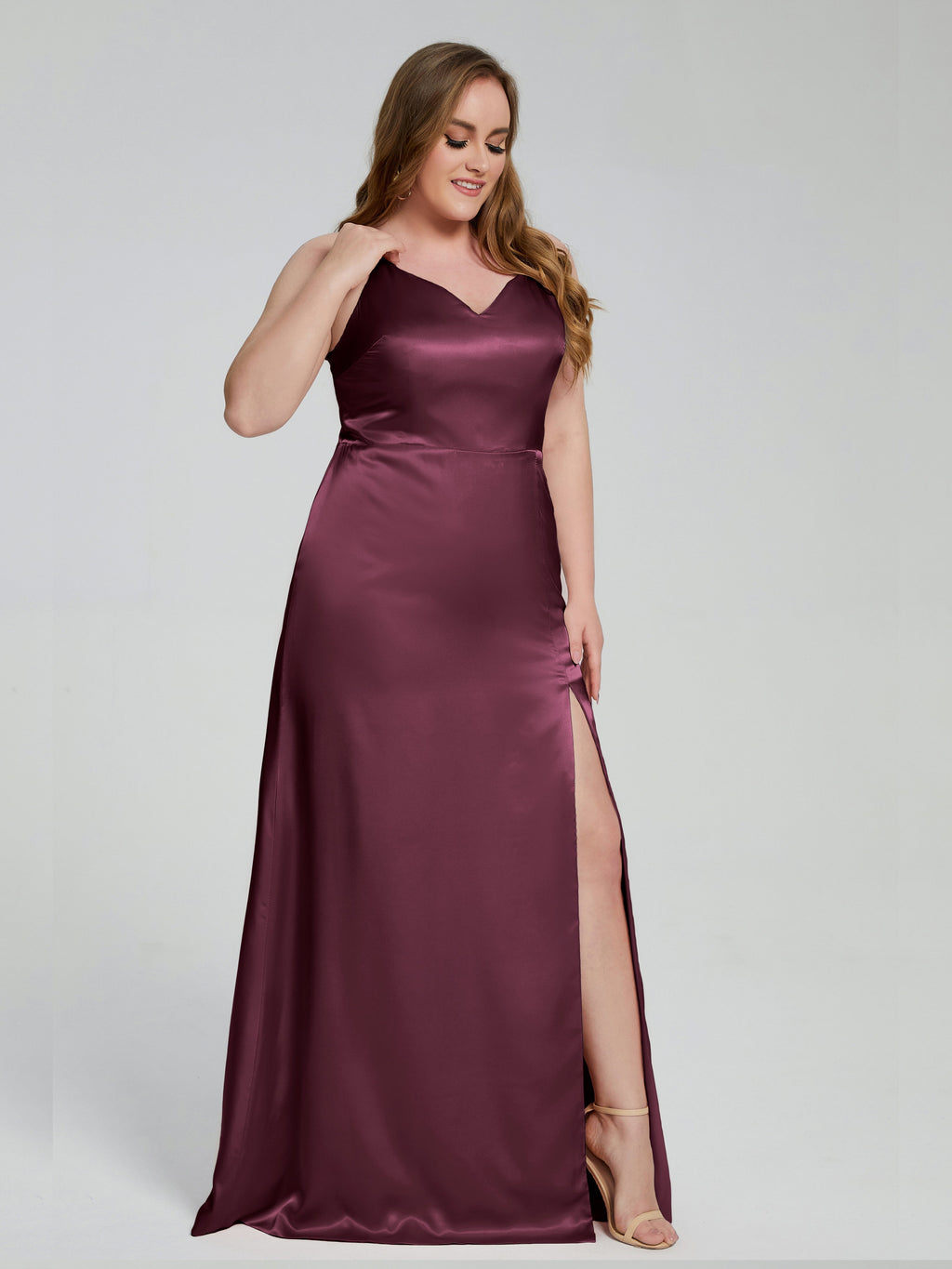 Adelyn Split Plus Size Soft Satin Long Bridesmaid Dresses