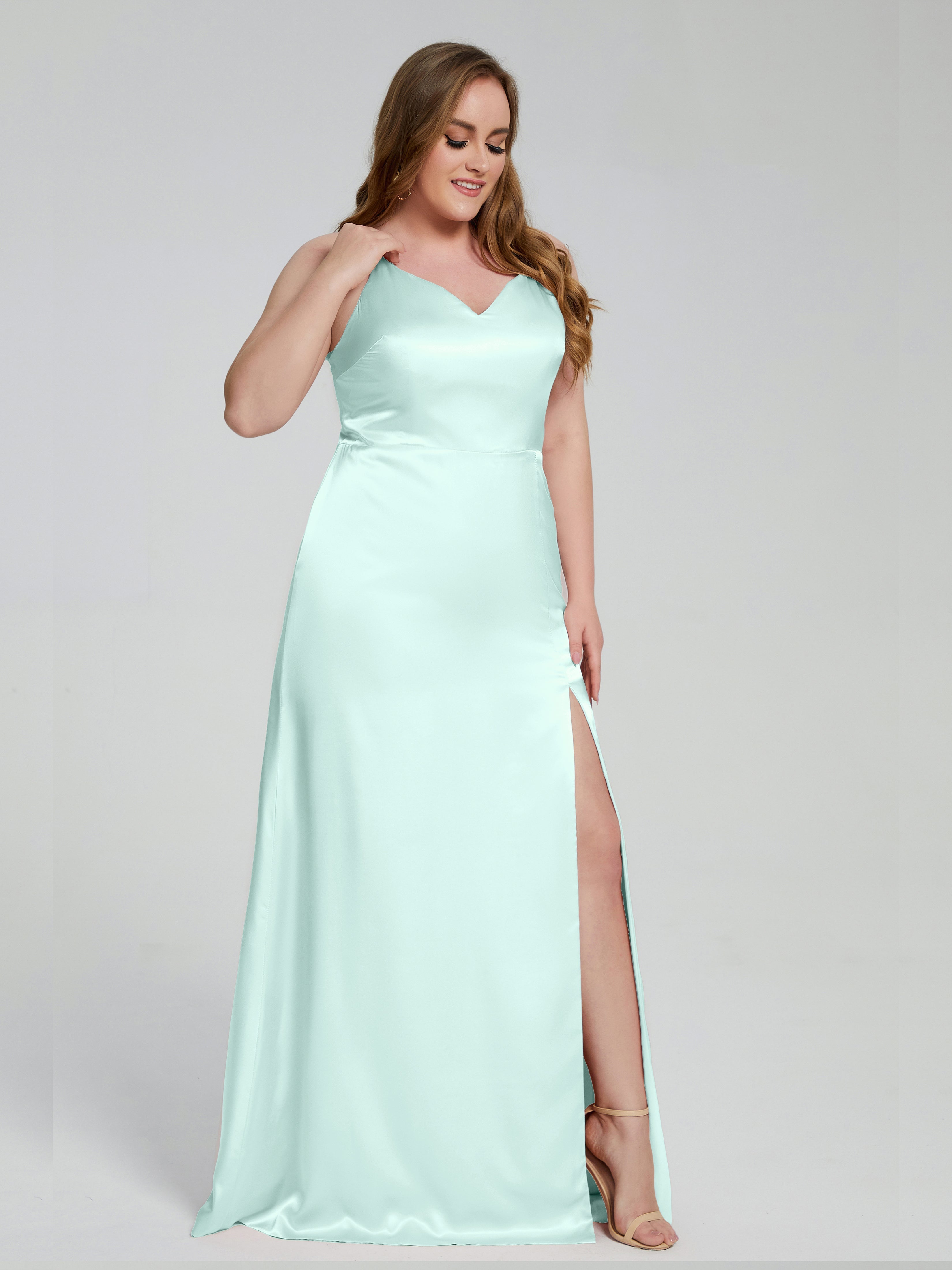 Adelyn Split Plus Size Soft Satin Long Bridesmaid Dresses