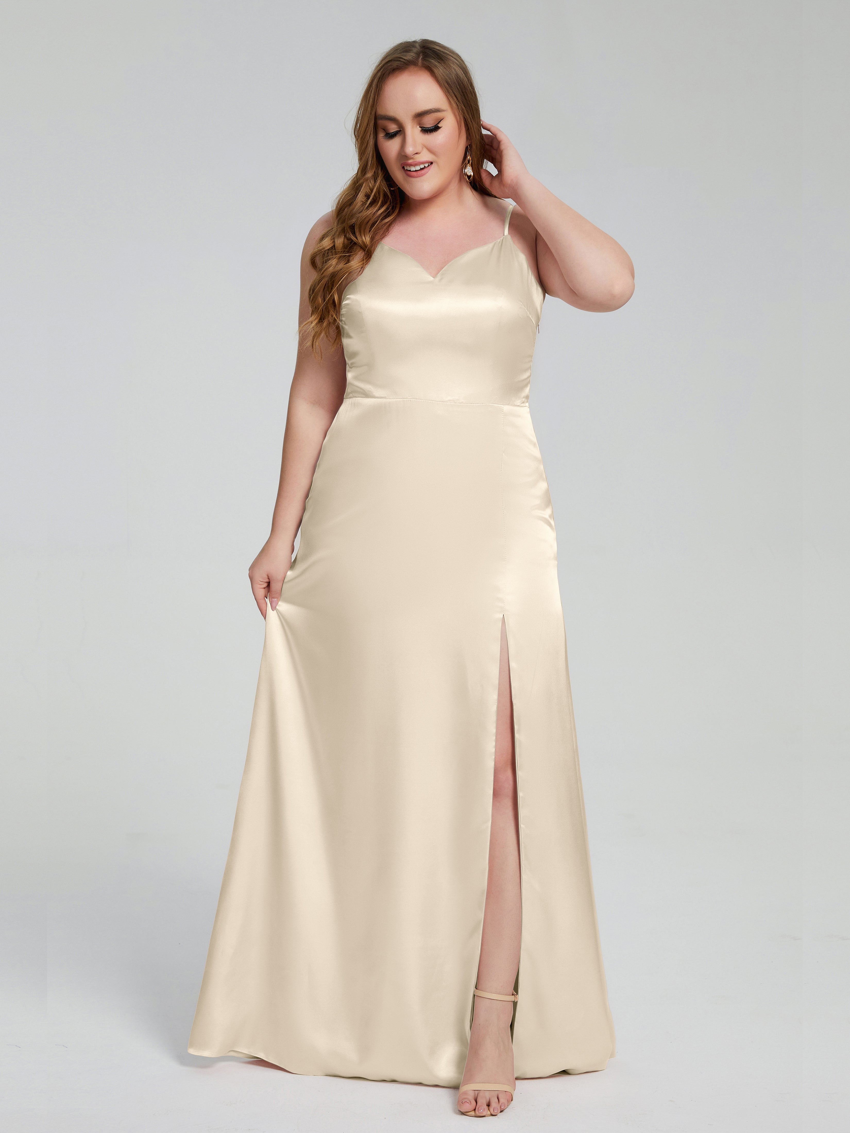 Adelyn Split Plus Size Soft Satin Long Bridesmaid Dresses