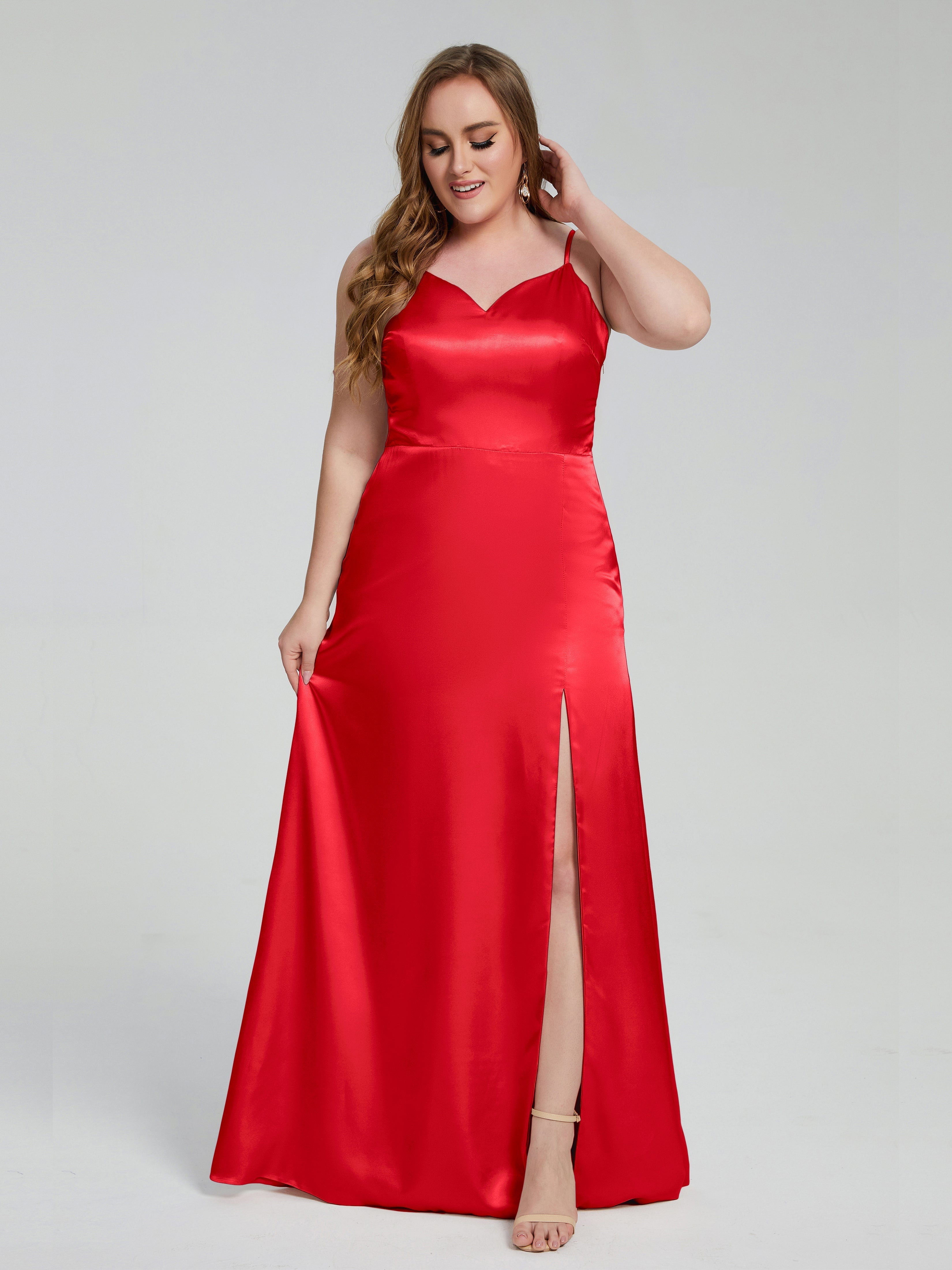 Adelyn Split Plus Size Soft Satin Long Bridesmaid Dresses