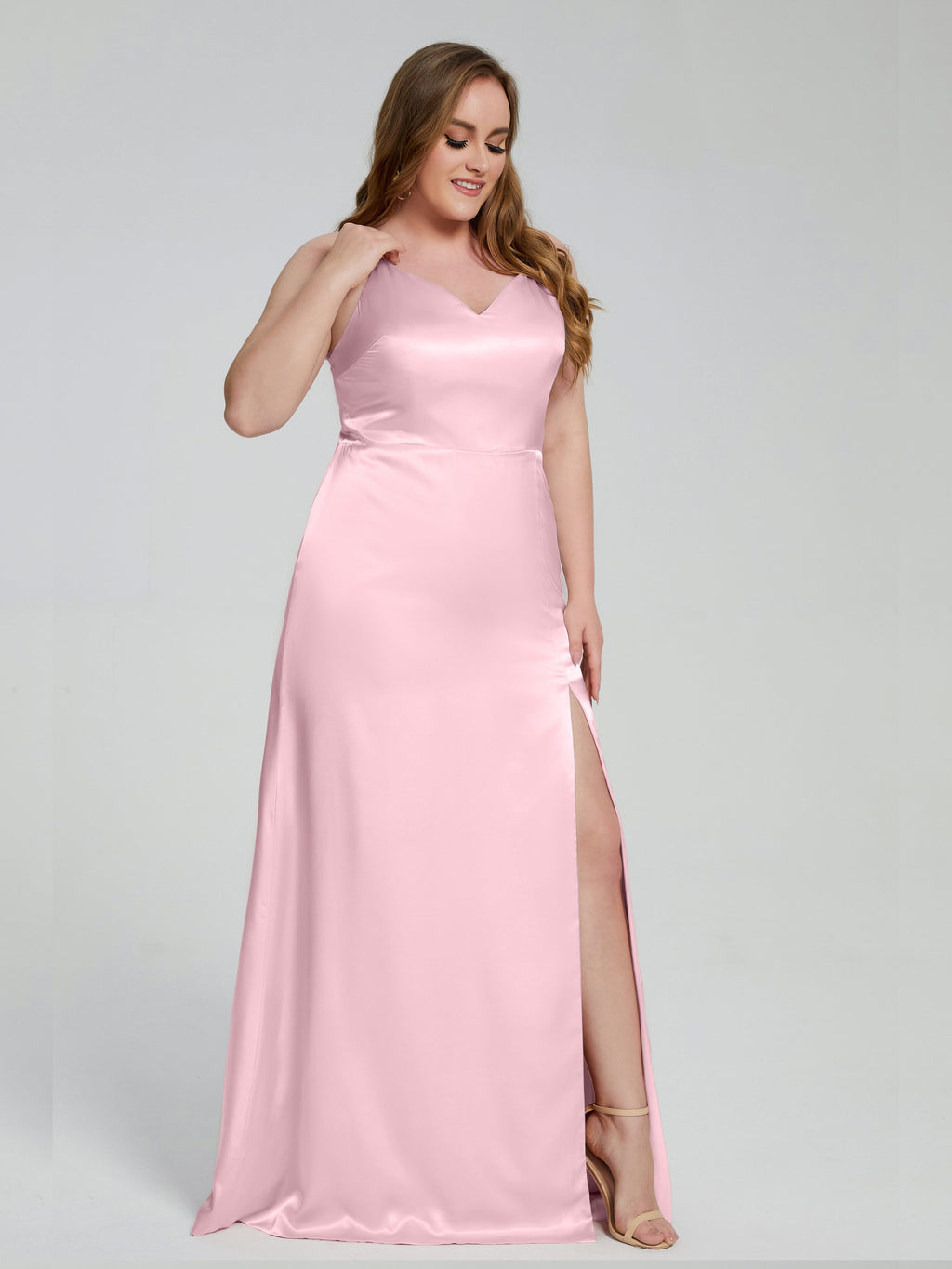 Adelyn Split Plus Size Soft Satin Long Bridesmaid Dresses