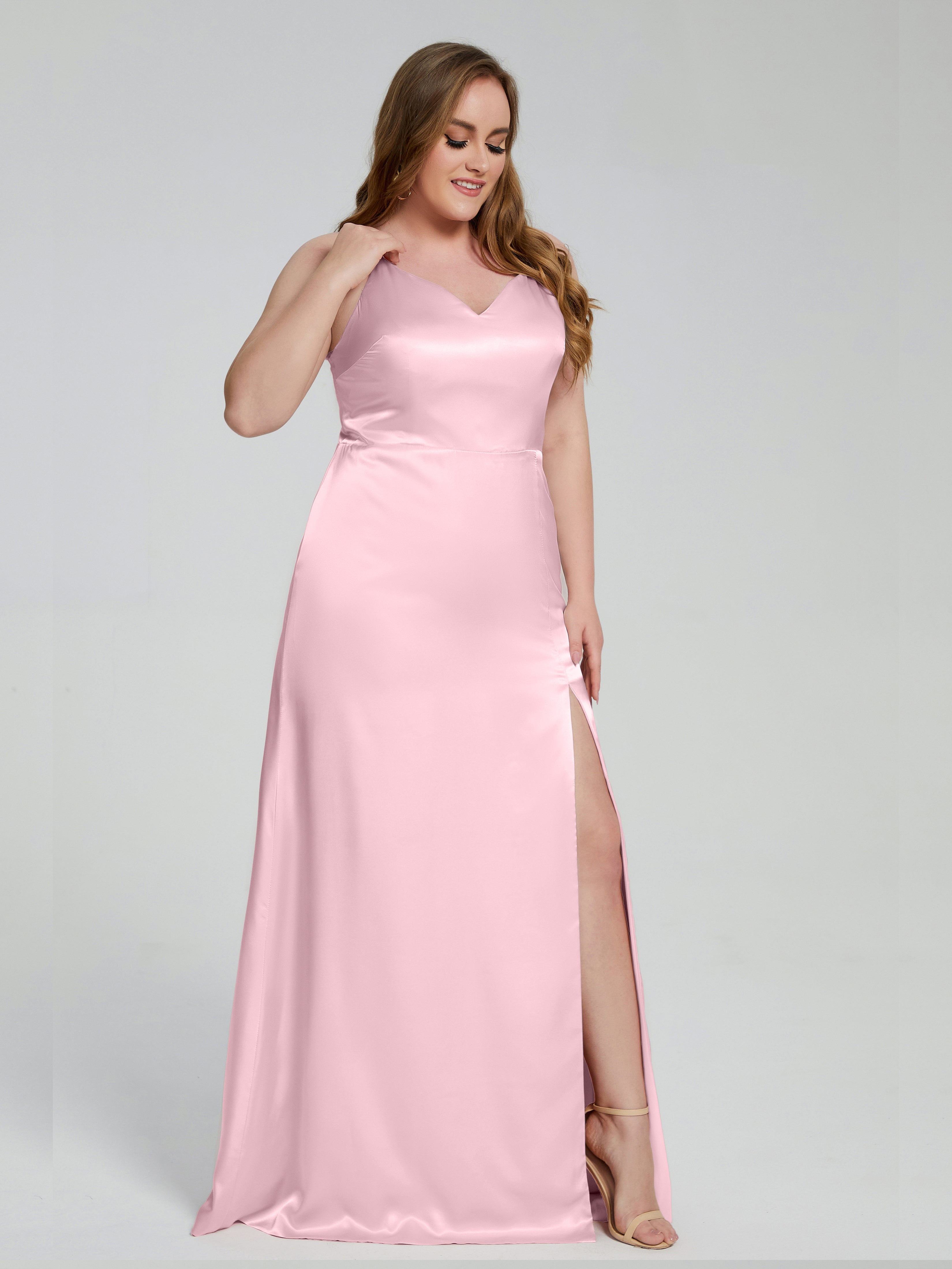 Adelyn Split Plus Size Soft Satin Long Bridesmaid Dresses