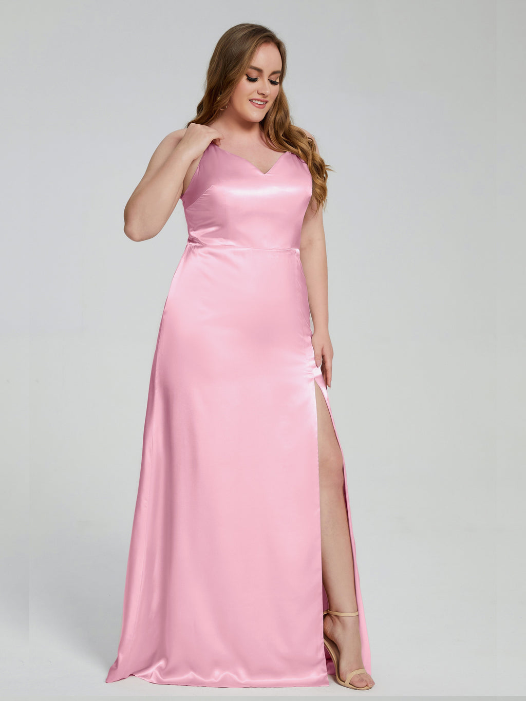 Adelyn Split Plus Size Soft Satin Long Bridesmaid Dresses