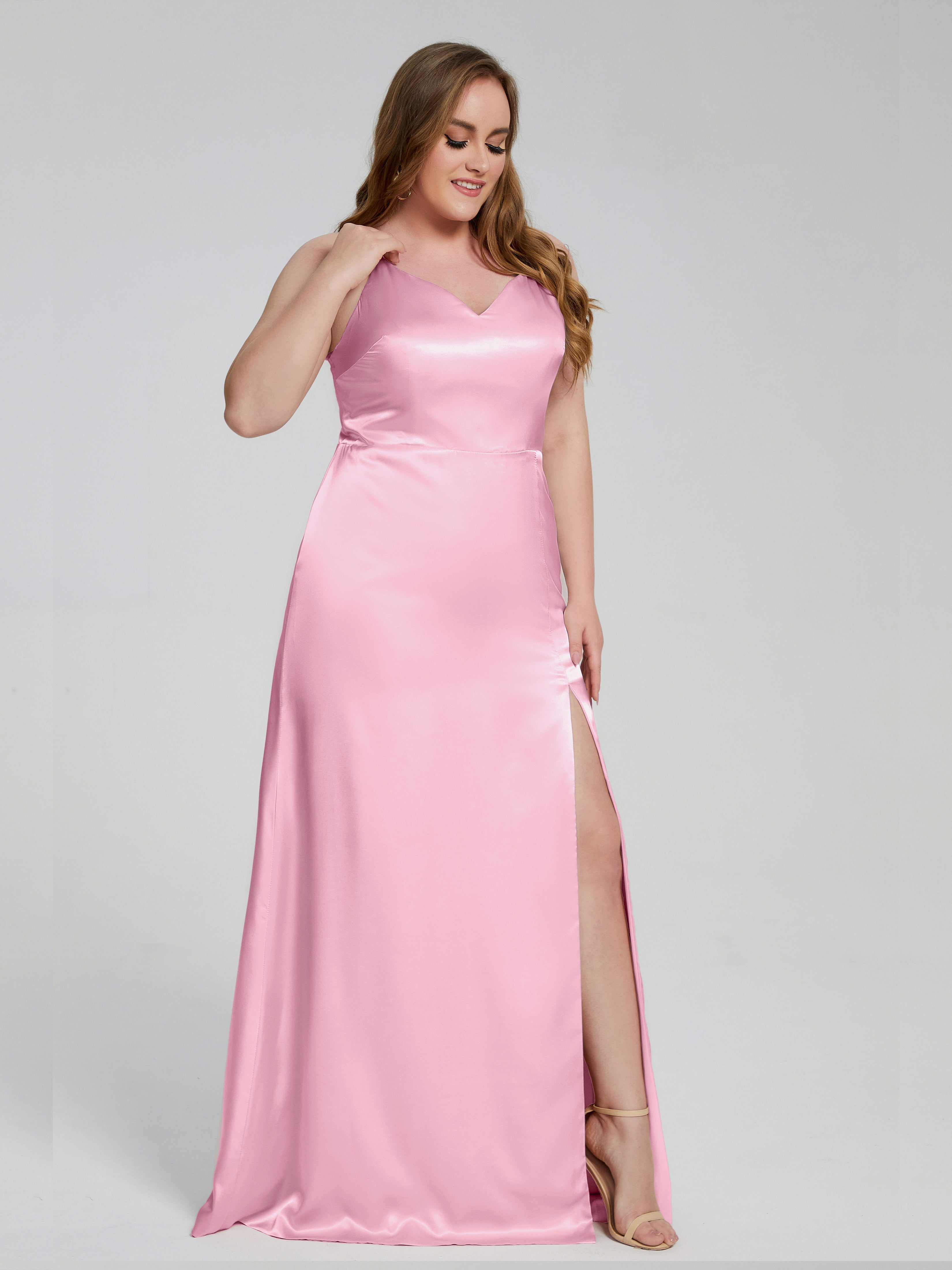 Adelyn Split Plus Size Soft Satin Long Bridesmaid Dresses