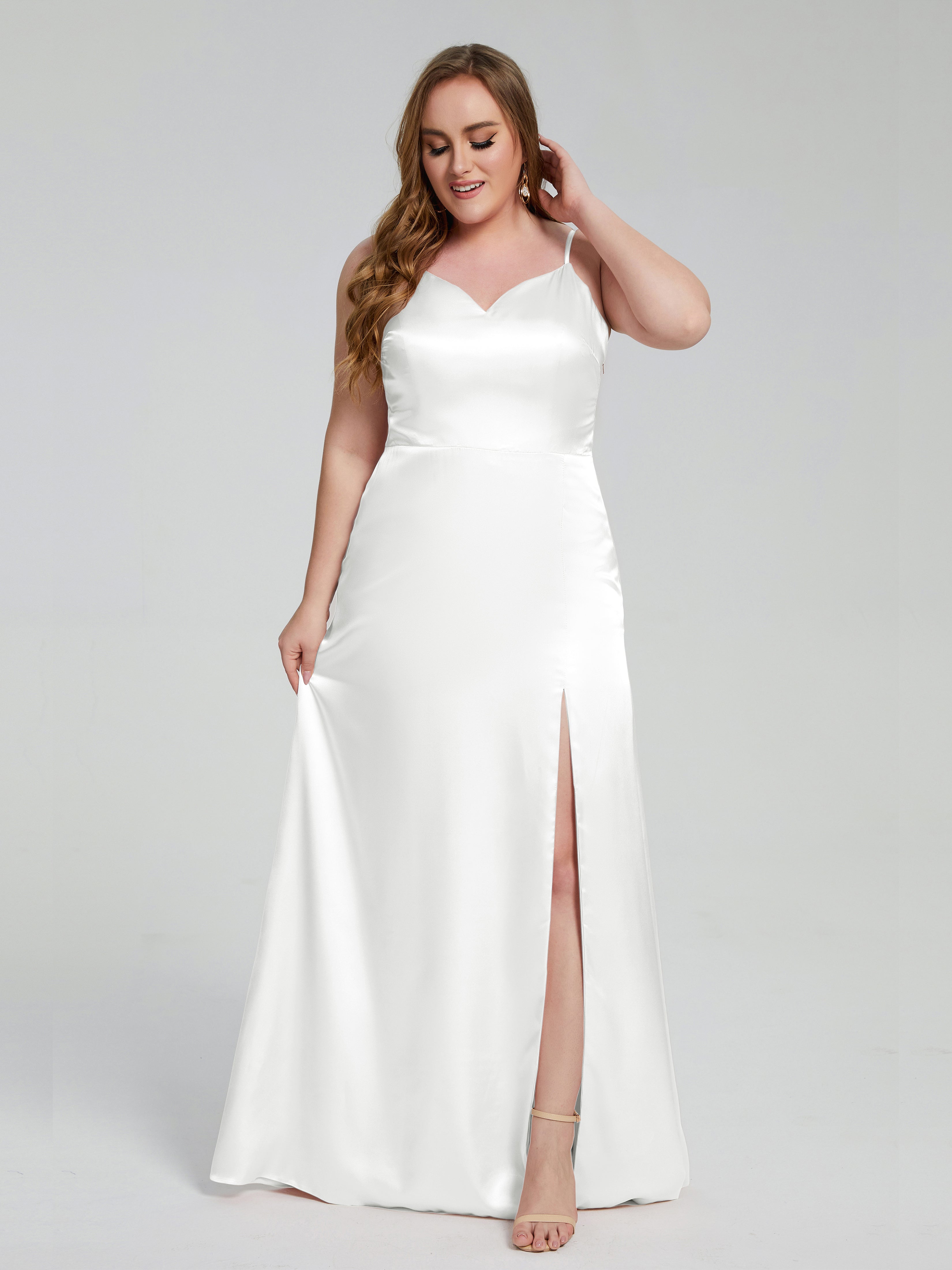 Adelyn Split Plus Size Soft Satin Long Bridesmaid Dresses