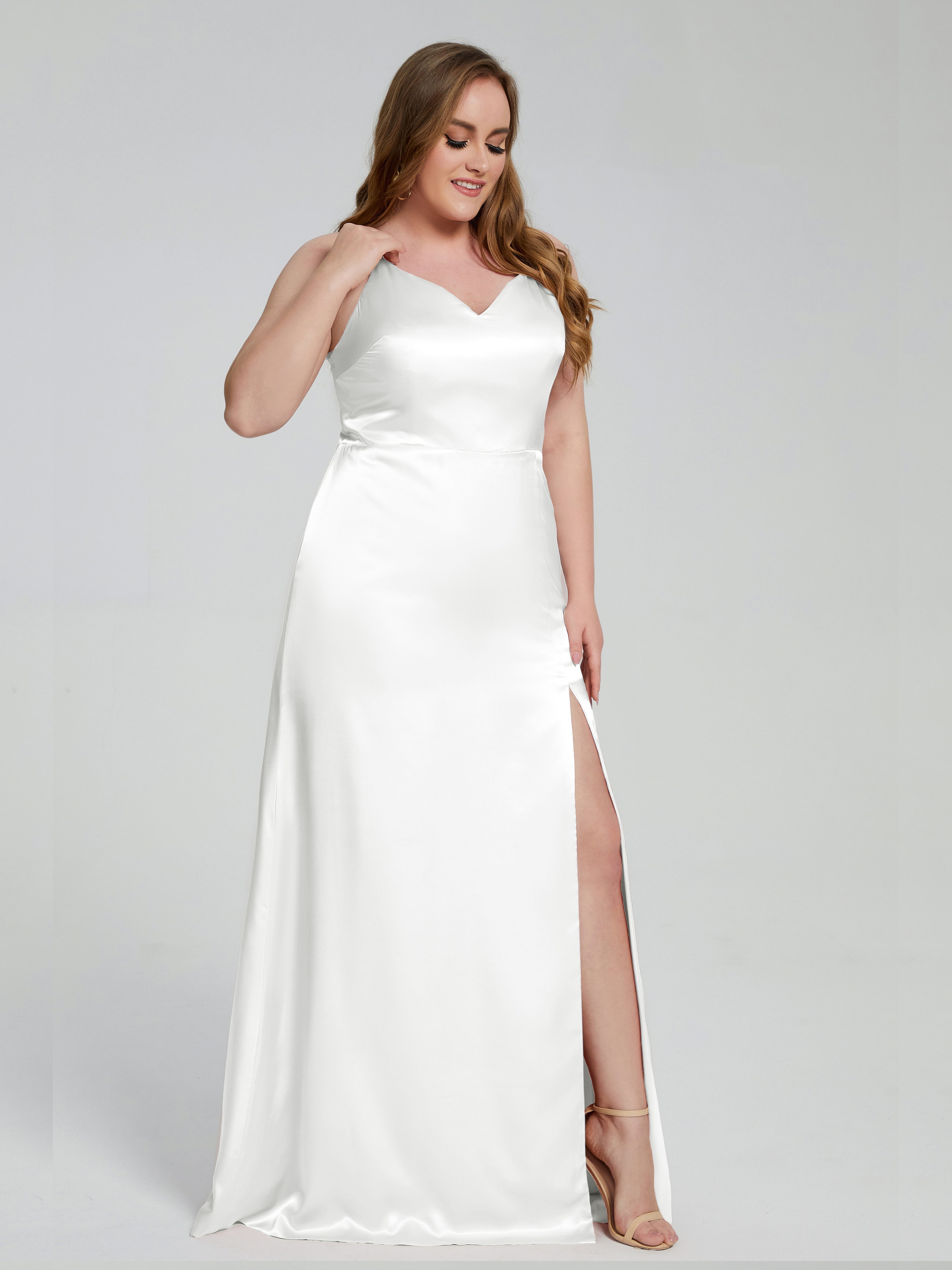Adelyn Split Plus Size Soft Satin Long Bridesmaid Dresses