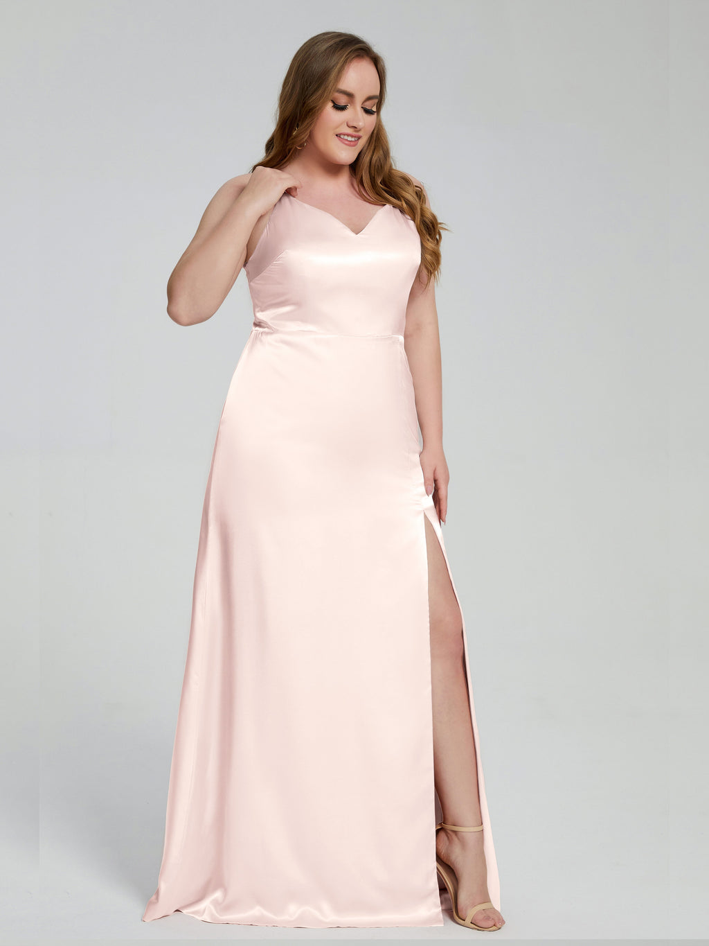 Adelyn Split Plus Size Soft Satin Long Bridesmaid Dresses