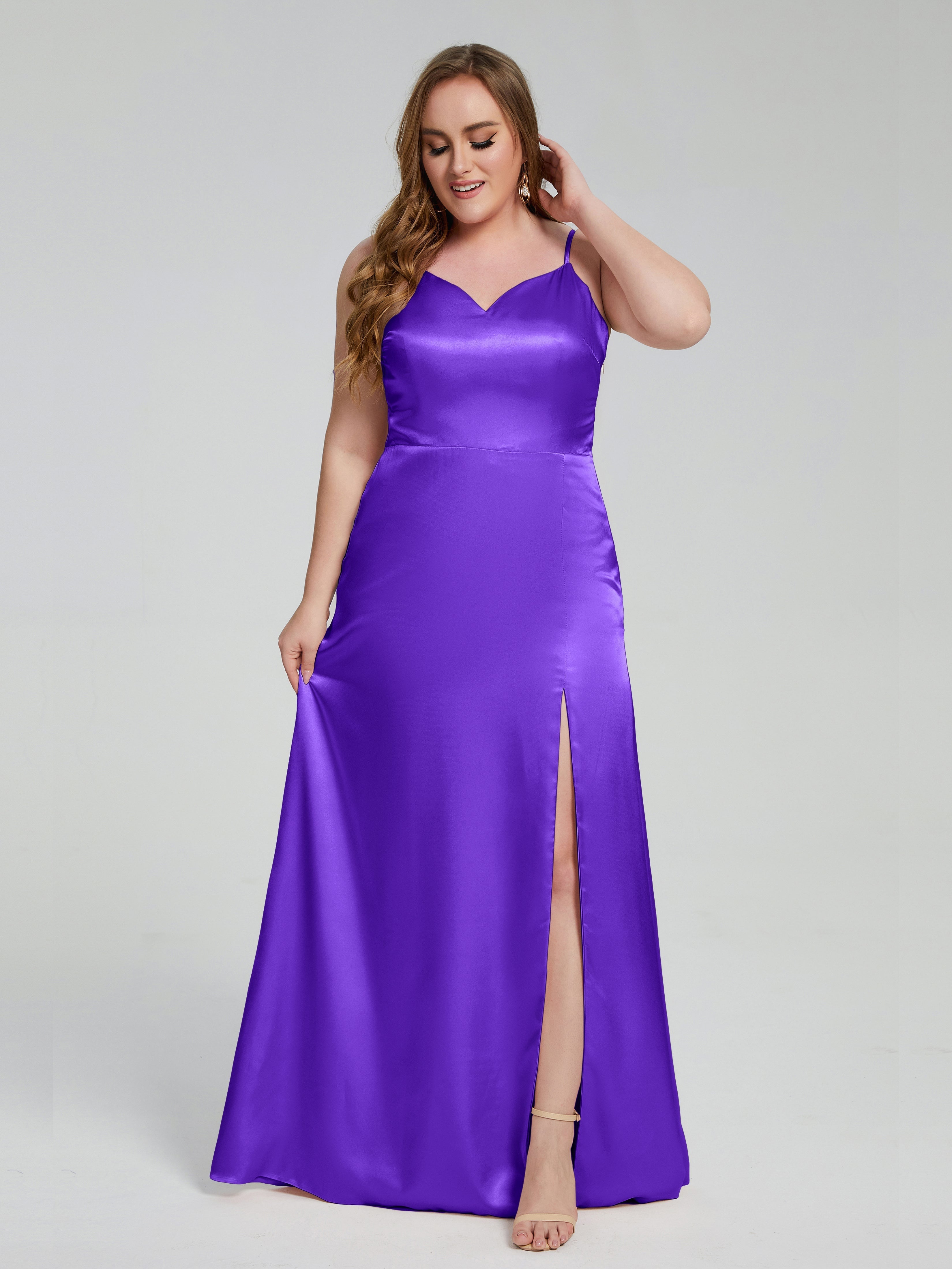 Adelyn Split Plus Size Soft Satin Long Bridesmaid Dresses