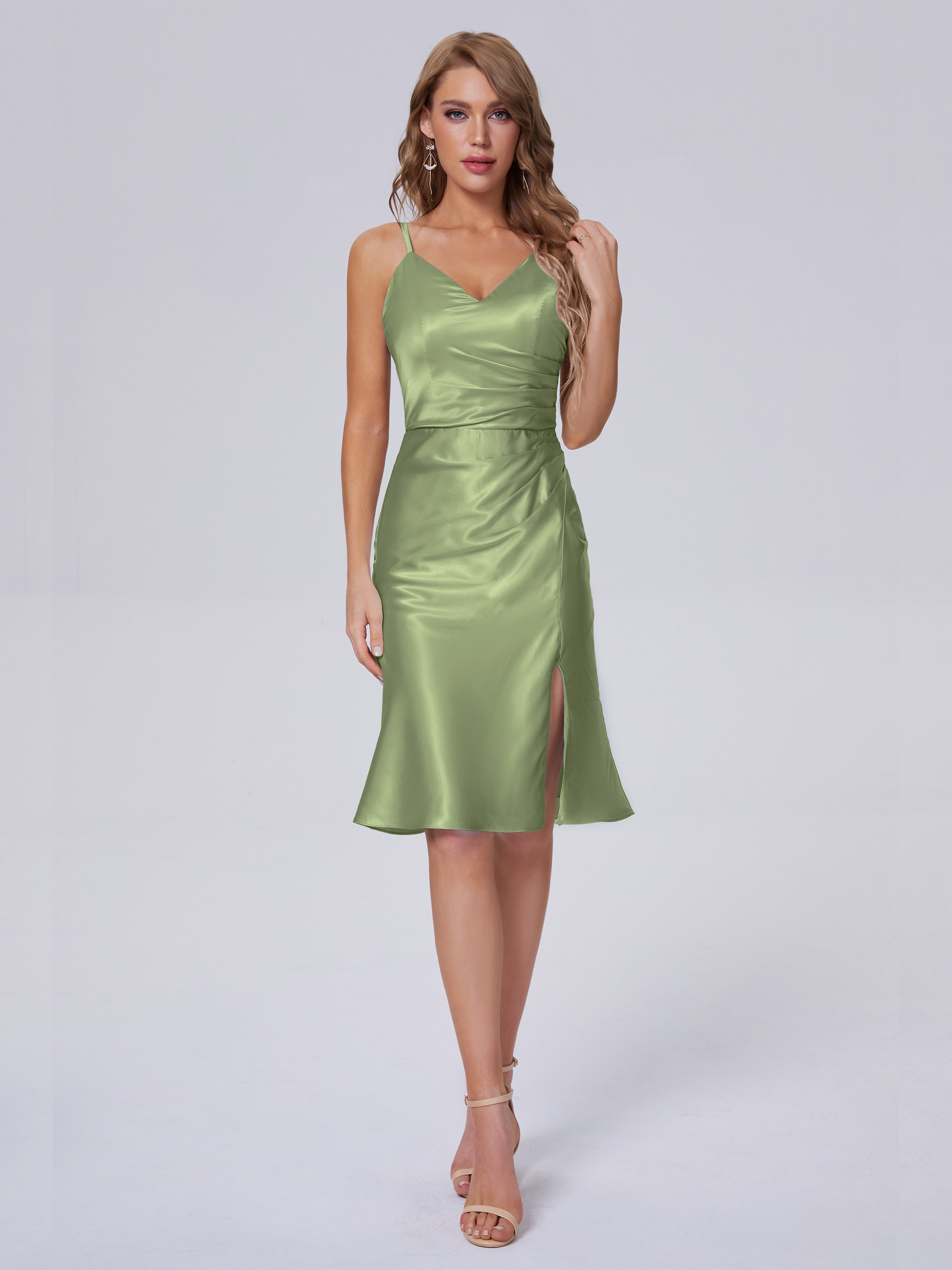 Amara Modern Split Soft Satin Short Bridesmaid Dresses