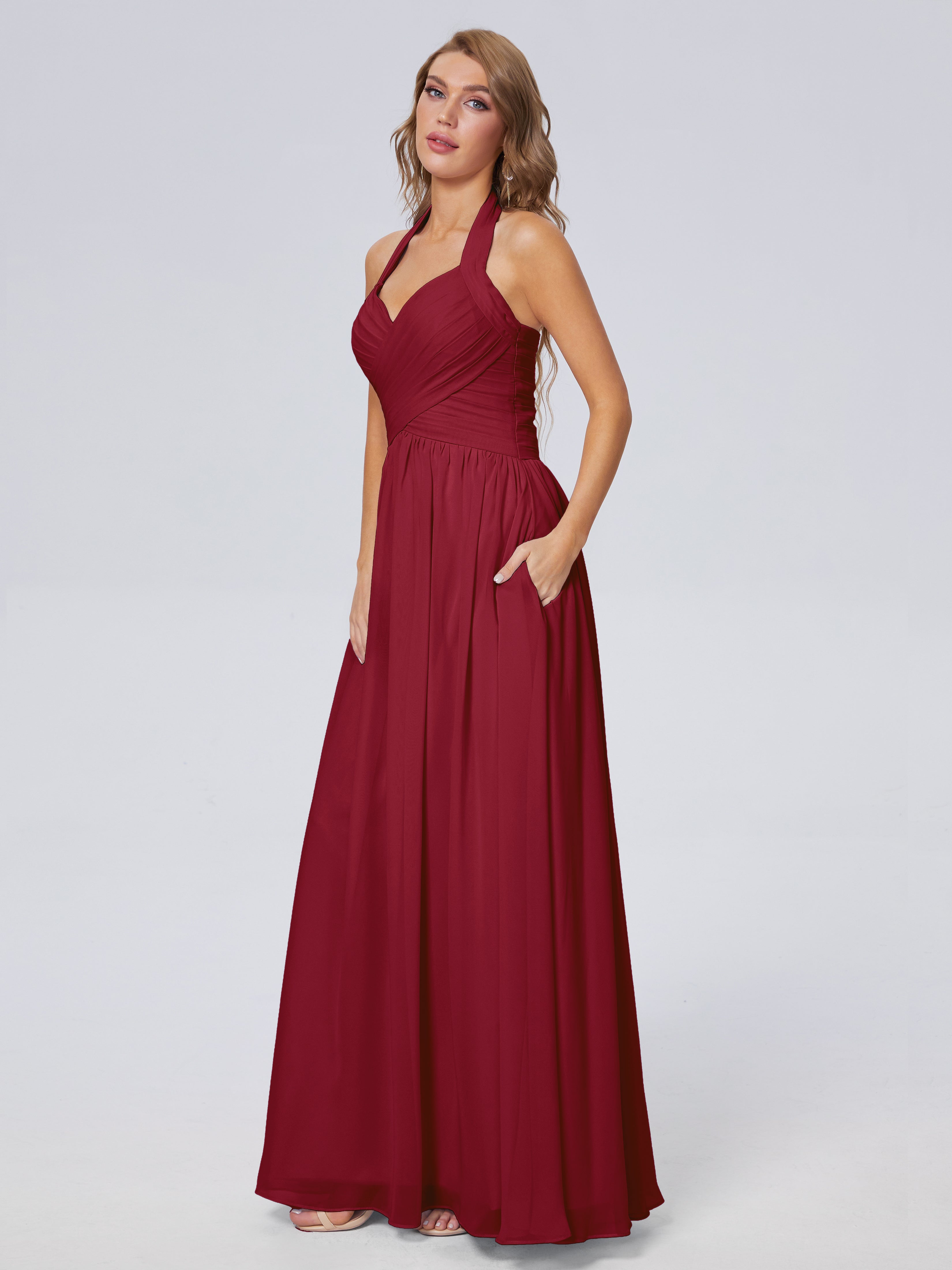 Amaya Pretty Halter Chiffon Long Bridesmaid Dresses